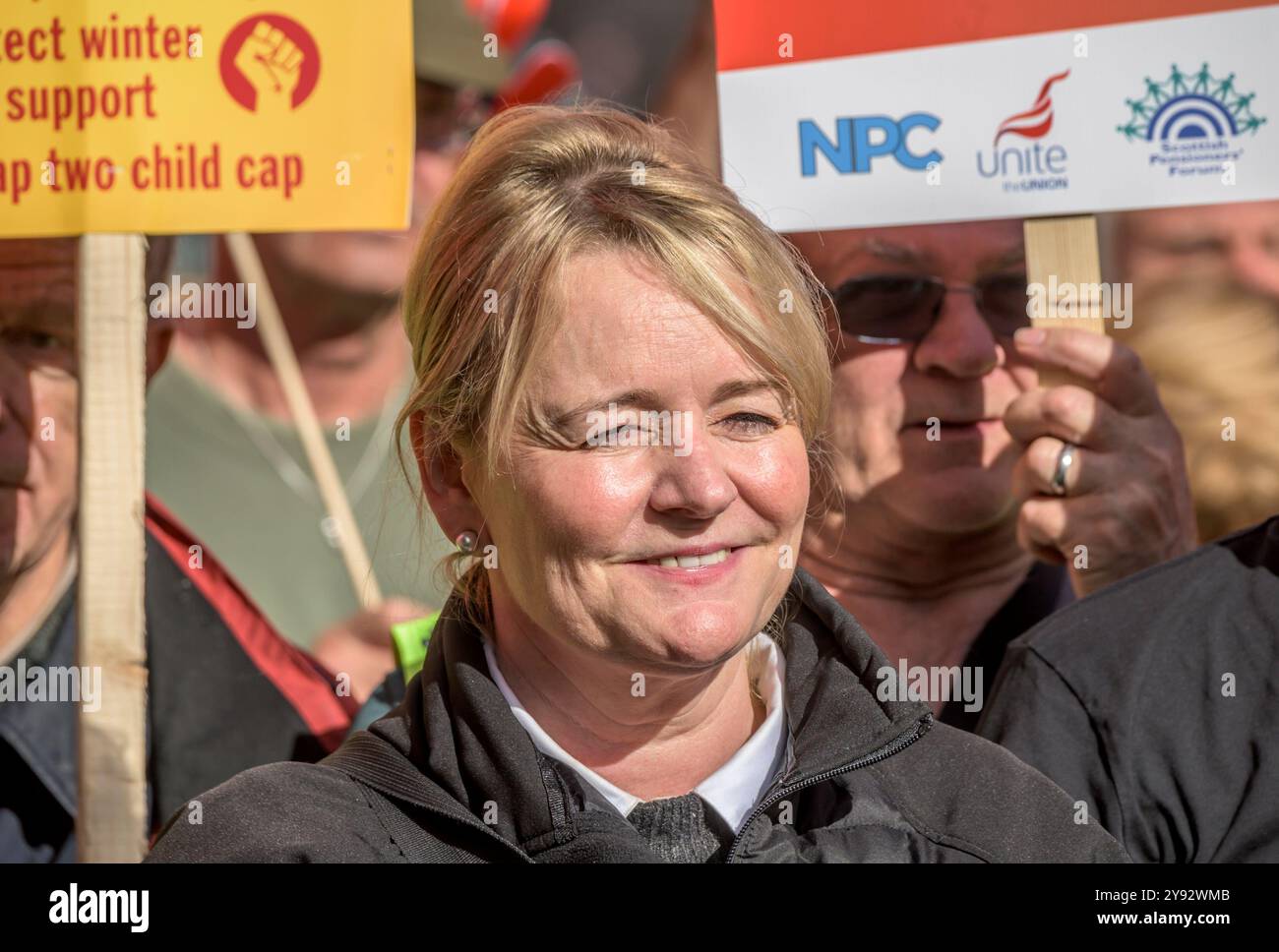 Sharon Graham – Generalsekretär der union – bei einem Protest gegen die Kürzung der Winterkraftstoffzulage der Rentner, in Westminster, 7. Oktober 2024 Stockfoto