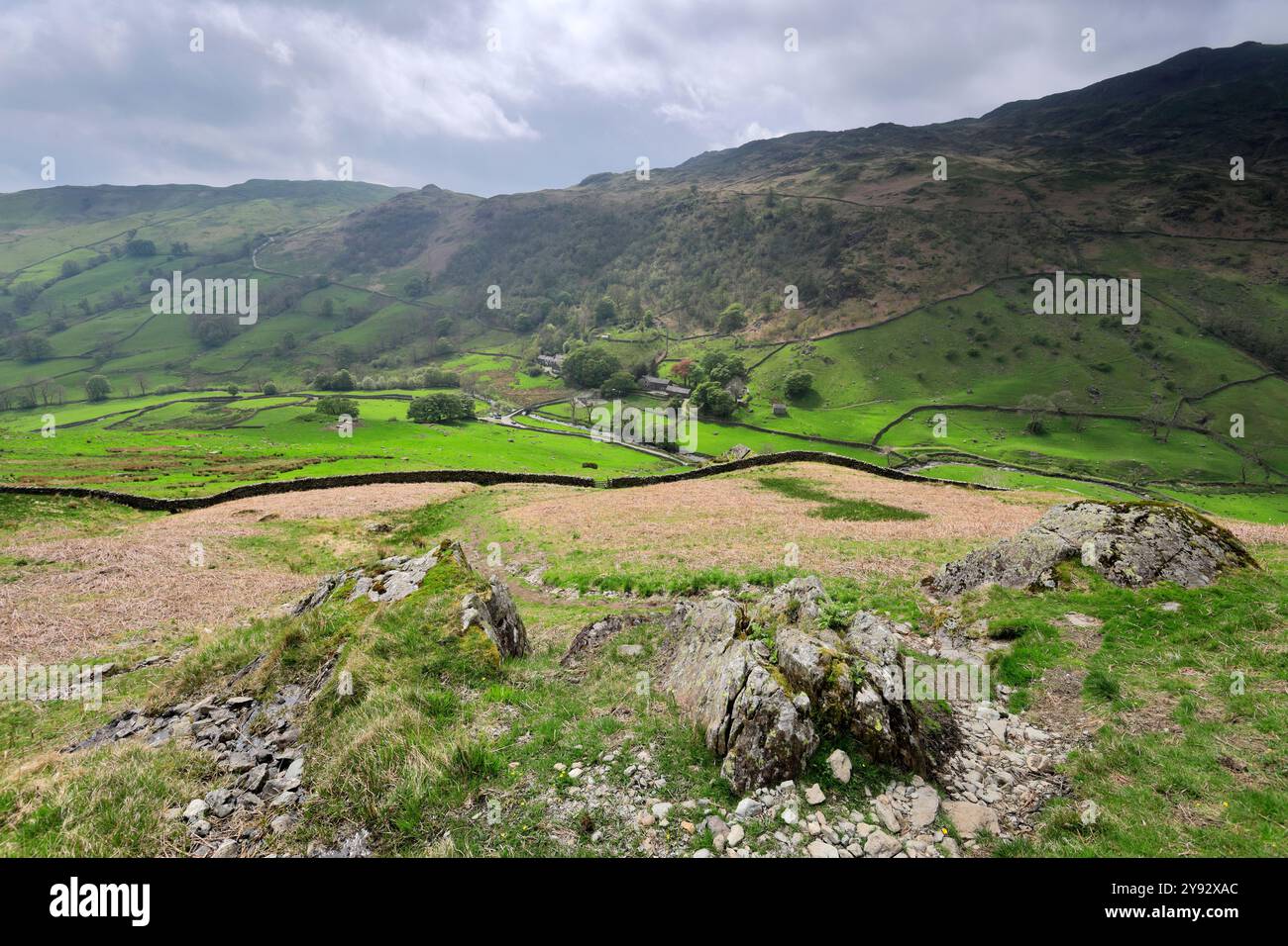 Sommerblick entlang des Sadgill Valley, Sadgill Village, Longsleddale, Lake District National Park, Cumbria, England Stockfoto