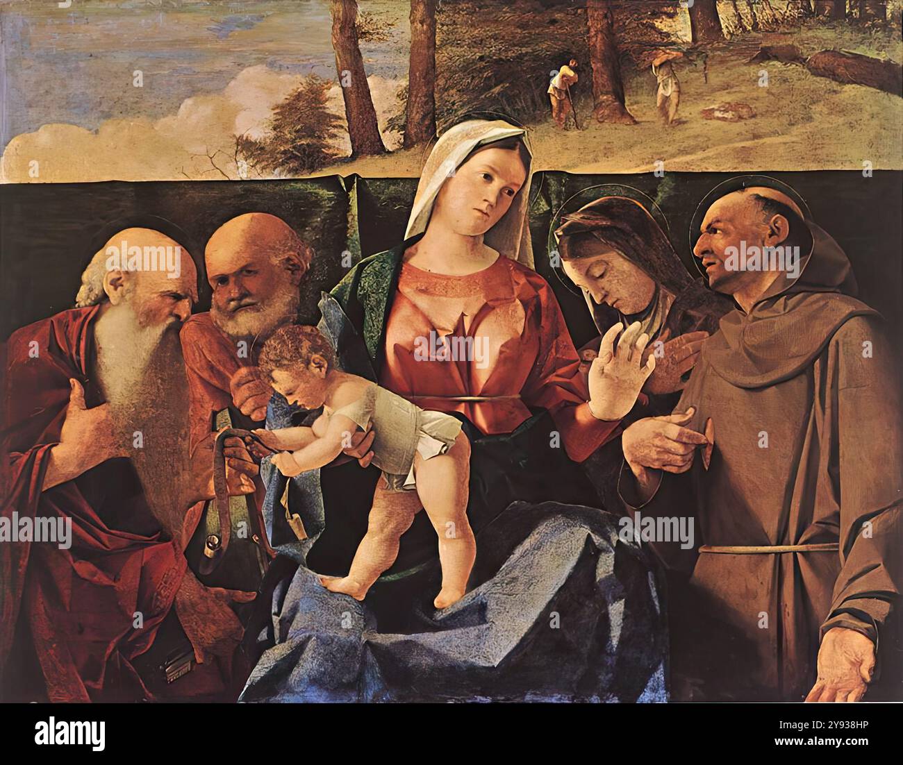 LOTTO, Lorenzo (* ca. 1480, Venezia, d. 1556, Loreto) Madonna und Kind mit Heiligen ca. 1506 Öl auf Holz, 83 x 105 cm National Gallery of Scotland, Edinburgh die dargestellten Heiligen sind St. Jerome, Peter, Clare und Franziskus. Das Gemälde zeigt den Einfluss von Giovanni Bellini und Albrecht Dürer. --- Schlüsselwörter: ----------------- Autor: LOTTO, Lorenzo Titel: Madonna und Kind mit Heiligen Zeitlinie: 1501-1550 Schule: Italienisch Form: Malerei Typ: Religiös Stockfoto