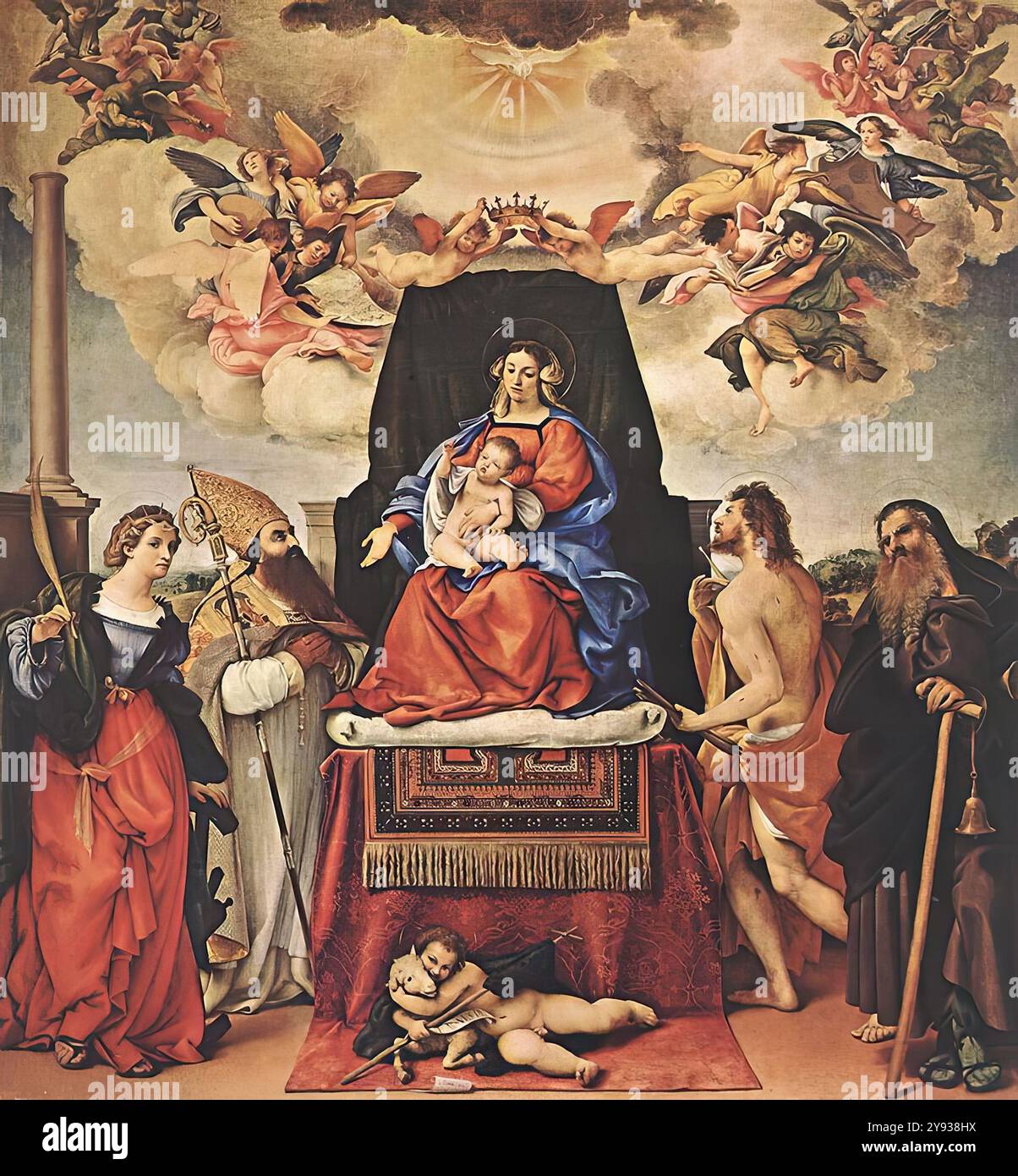 LOTTO, Lorenzo (* ca. 1480, Venezia, d. 1556, Loreto) Madonna und Kind mit Heiligen 1521 Öl auf Leinwand, 287 x 268 cm Kirche Santo Spirito, Bergamo die dargestellten Heiligen sind Katharina von Alexandrien, Augustinus, Sebastian, Antonius der Abt und der junge Johannes der Täufer. Das Gemälde spiegelt die kreisförmigen Kompositionen Raffaels wider, mit einer definitiv nordischen Interpretation. Lottos drei große Altaraufsätze für Kirchen in Bergamo, die zwischen 1516 und 1521 in derselben Zeit wie Tizians Himmelfahrt und Pesaro Altar gemalt wurden, sind Kompositionen der Hochrenaissance, aber näher in ihrer Symmetrie Stockfoto