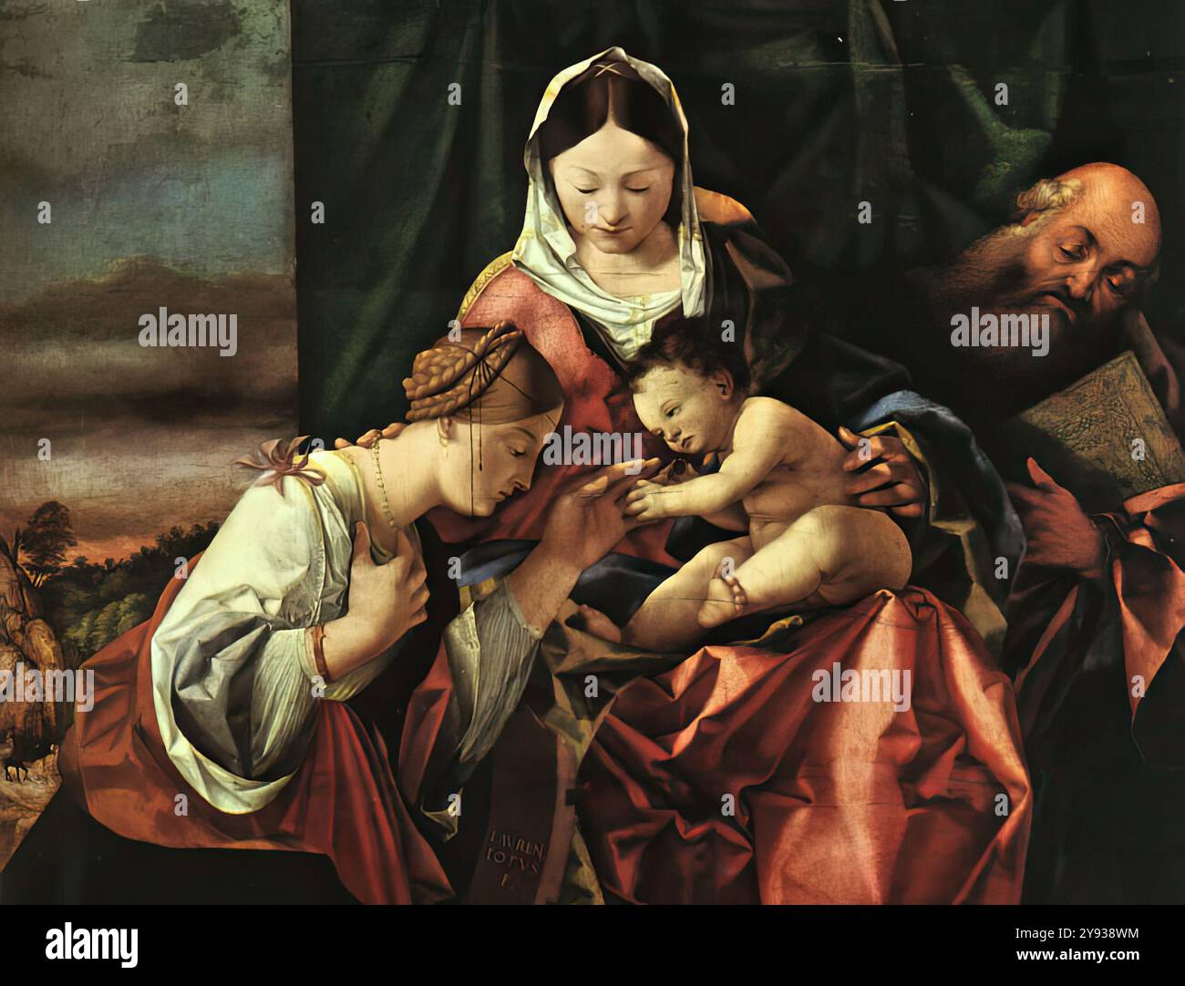 LOTTO, Lorenzo (* ca. 1480, Venezia, d. 1556, Loreto) die mystische Heirat der Hl. Katharina 1506-07 Öl auf Holz, 70 x 90 cm Alte Pinakothek, München stilistisch ist die Platte mit dem Recanati-Polyptychon verwandt. Der Einfluss Dürers ist auf das Gemälde zu sehen. *** Stichwörter: ************* Autor: LOTTO, Lorenzo Titel: Die mystische Heirat der Hl. Katharina Zeitlinie: 1501-1550 Schule: Italienische Form: Malerei Typ: Religiös Stockfoto