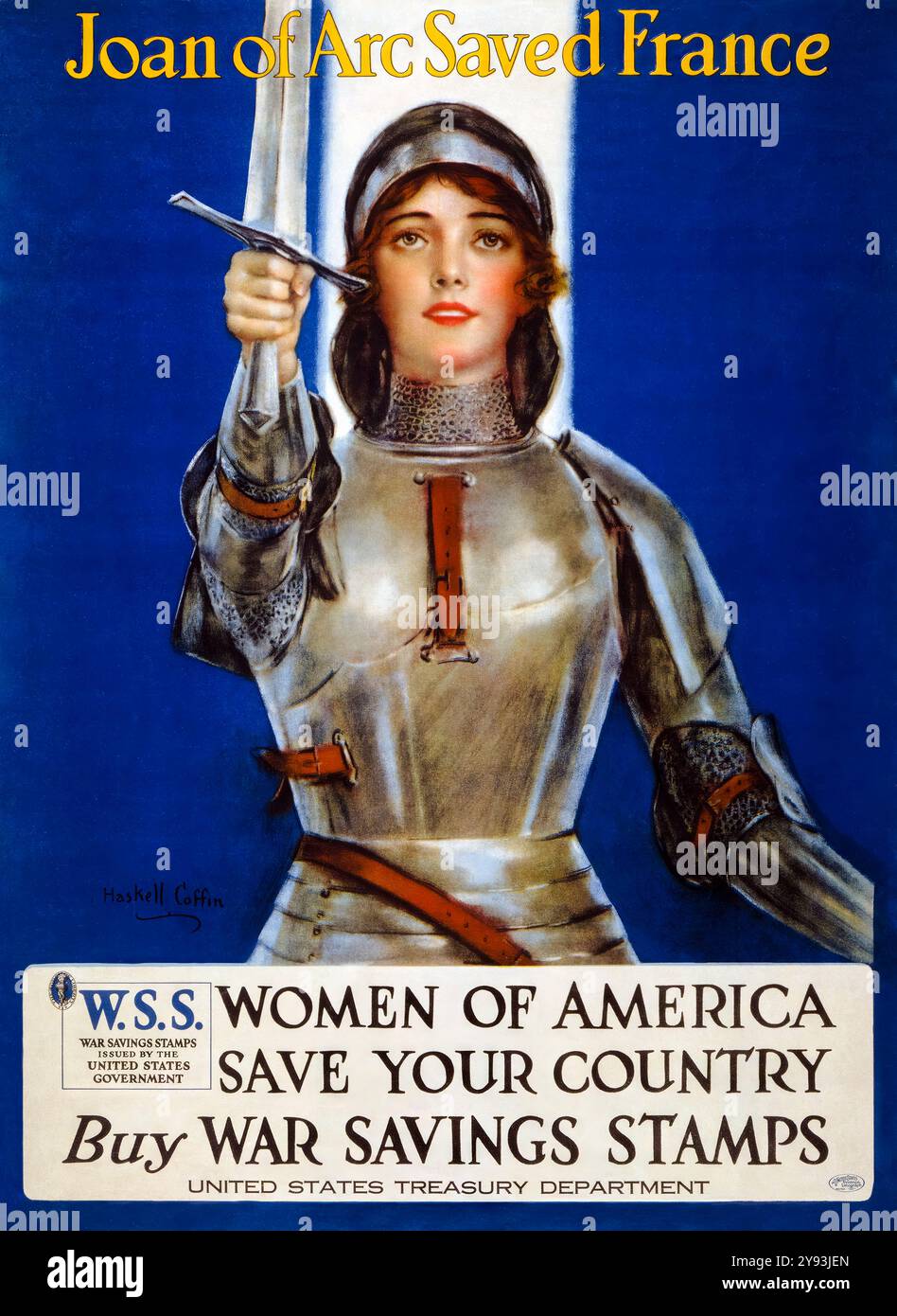 Joan of Arc rettete Frankreich, Women of America Save Your Country – Kaufen Sie Kriegs-Sparmarken, American, US, WW1, Finanzplakat von William Haskell Coffin, 1918 Stockfoto