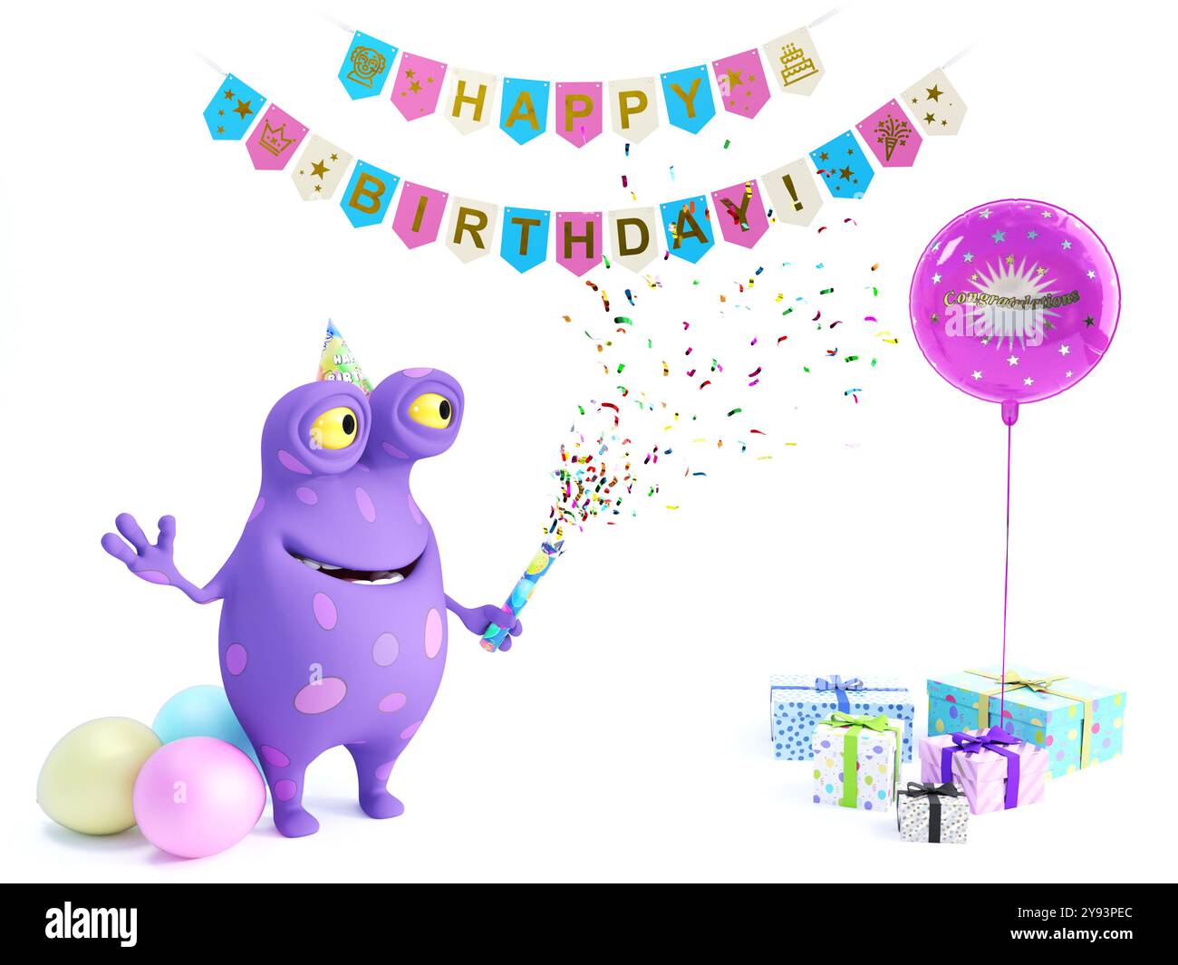 3D-Rendering eines niedlichen lila lächelnden Comic-Monsters mit Spots, die einen Partypopper oder Konfetti-Kanone schießen und eine Happy Birthday Party feiern. Wh Stockfoto