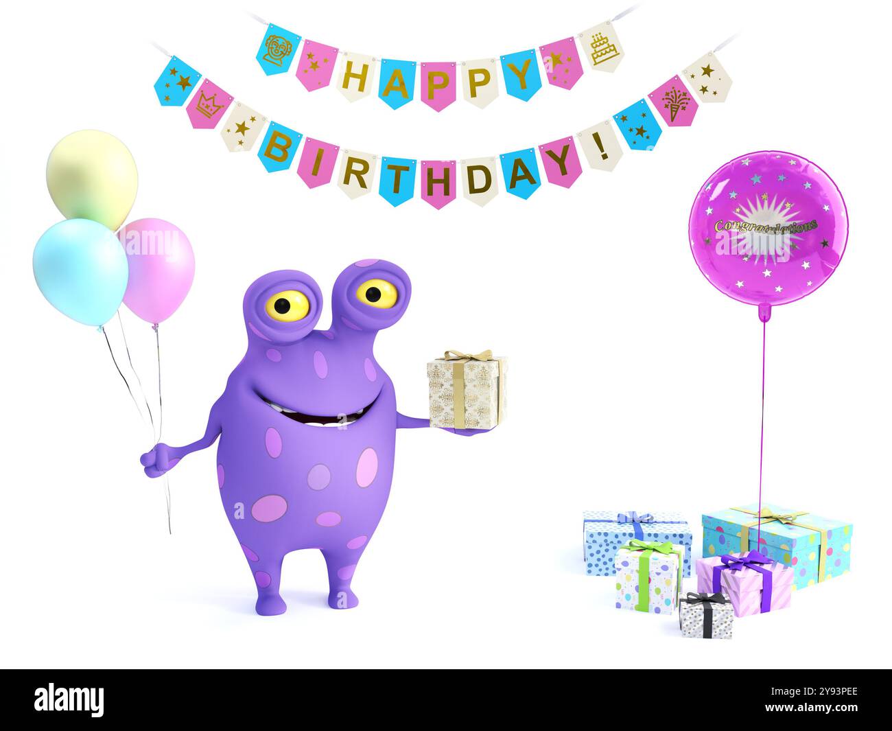 3D-Rendering eines niedlichen lila lächelnden Cartoon-Monsters mit Flecken, die drei Ballons in einer Hand halten und ein Geschenk in der anderen, das eine h feiert Stockfoto