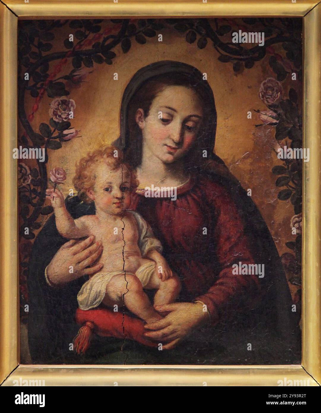 Unsere Dame von der Girlande. Virgin de la Guirnalda. spanisches Gemälde aus dem 16. Jahrhundert. Stockfoto