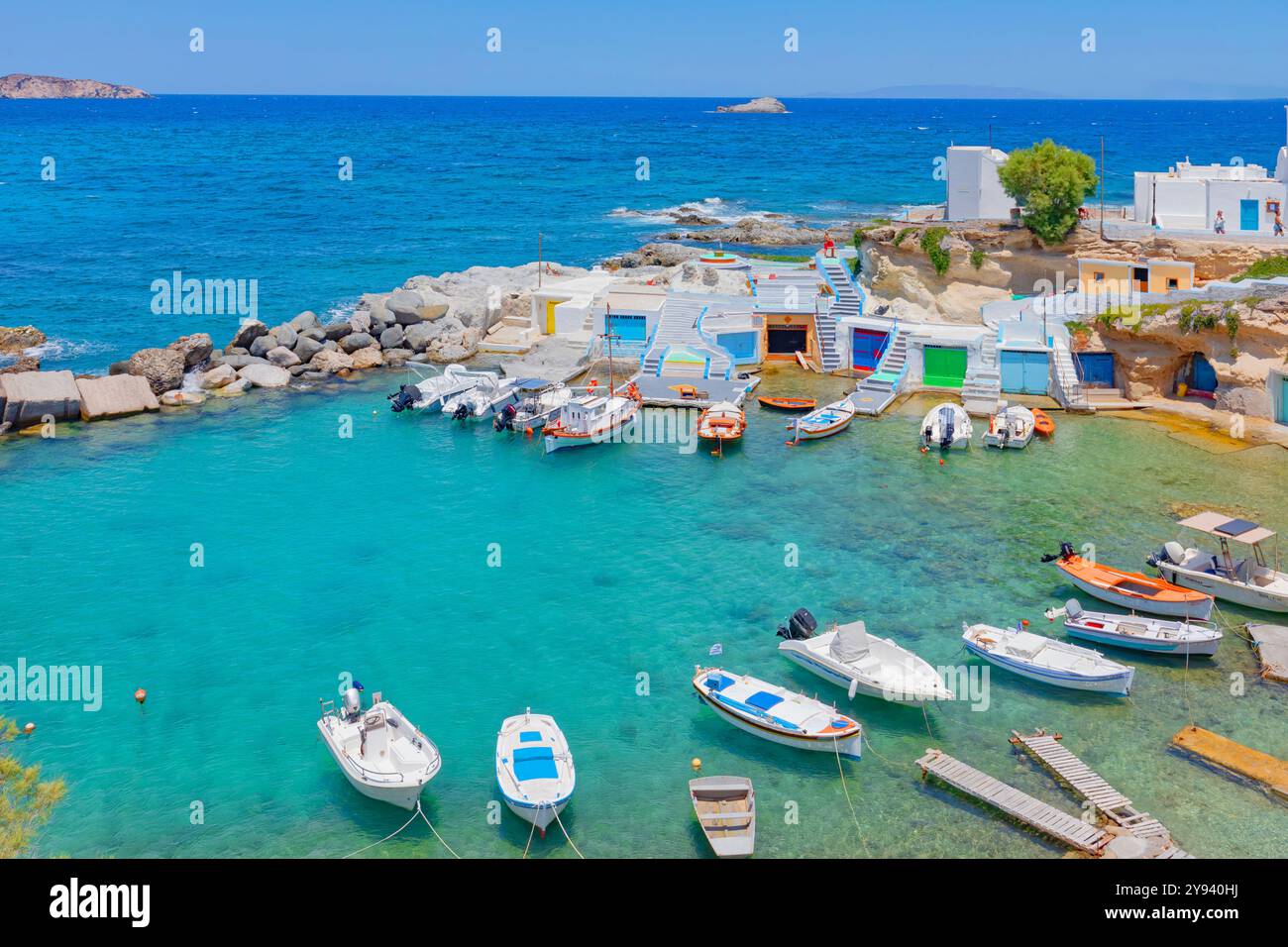 Das kleine Fischerdorf Mandrakia, Mandrakia, Milos, Kykladen, griechische Inseln, Griechenland, Europa Stockfoto