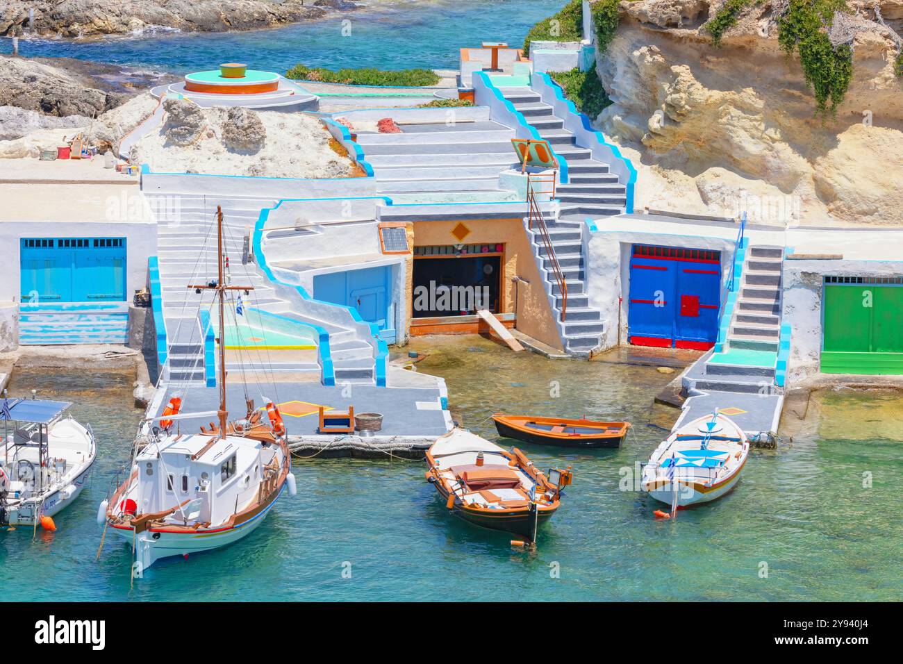 Das kleine Fischerdorf Mandrakia, Mandrakia, Milos, Kykladen, griechische Inseln, Griechenland, Europa Stockfoto