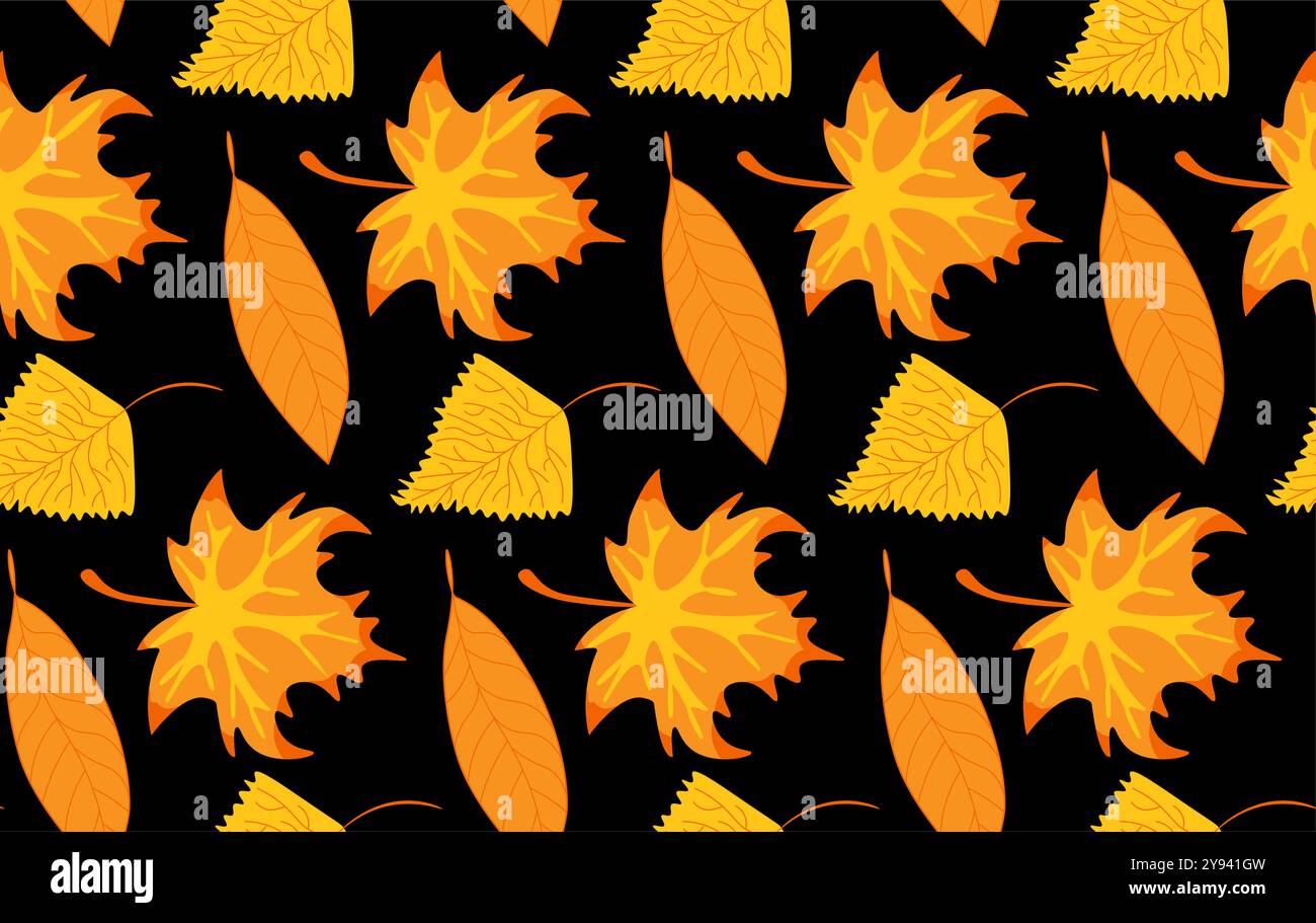 Nahtloses Herbstmuster mit Blättern orange auf dunkler Hintergrund Vektor-Illustration Stock Vektor