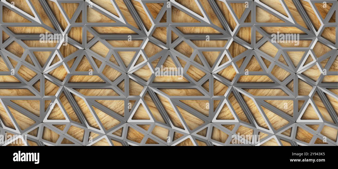 Kompliziertes geometrisches 3D-Muster mit nahtlosen Holz- und Metallstrukturen, ideal für Tapeten und verschiedene Designthemen Stockfoto