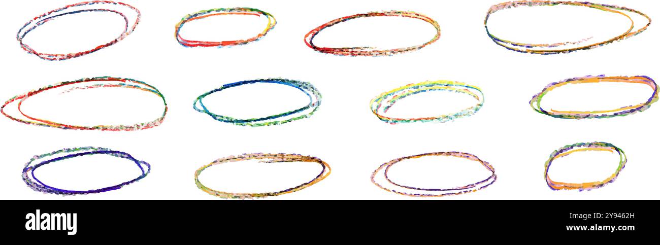 Bunte Bleistifte heben Kreise hervor. Handgeschriebene Ellipsen im Kritzelstil. Runde, grobe, dünne Rahmen, die Kinder gezeichnet haben. Vektorsammlung der Runde Stock Vektor