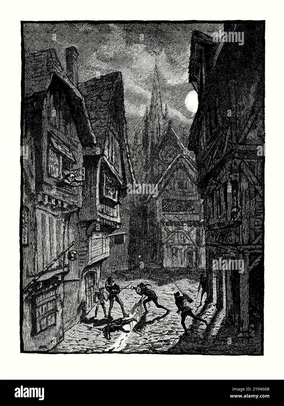 Eine alte Gravur eines Angriffs auf den Earl of Southampton von Lord Grey und Associates im Jahr 1601 in London, England, Großbritannien im Jahr 1601. Es stammt aus einem viktorianischen Geschichtsbuch aus dem jahr 1900. Lord Grey fiel mit dem Earl of Southampton aus. Dies geschah zunächst 1599 in Irland, als Grey wegen Missachtung Southampton bestraft wurde. Grey forderte Southampton zu einem Duell heraus. Southampton lehnte ab. Der Angriff von Grey fand im Januar 1601 statt. Die Anführer waren Richard von Conisburgh, Edmund von Langley und Henry Scrope. Richard, Scrope und Grey wurden verhaftet. Stockfoto
