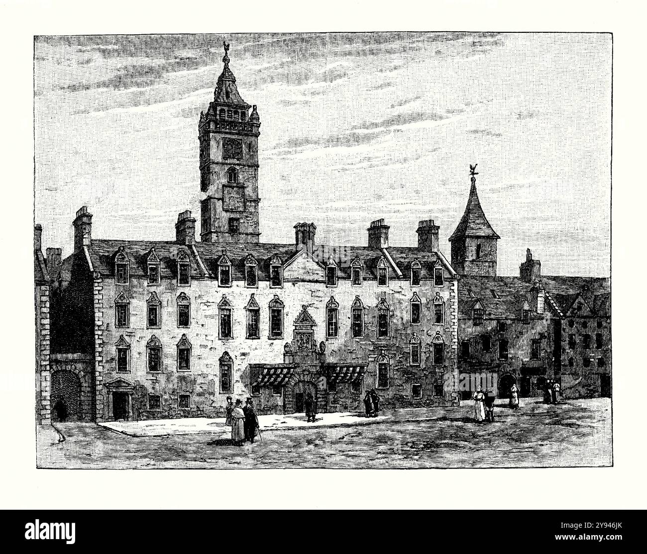 Ein alter Kupferstich von „The Old College“, High Street, Glasgow, Schottland, Vereinigtes Königreich um 1700. Es stammt aus einem viktorianischen Geschichtsbuch aus dem jahr 1900. Erbaut im 17. Jahrhundert war der Vorgänger der heutigen Glasgow University. Es war ein schöner Komplex mit zwei Vierecken, einem Uhrenturm und einer schönen Fassade. Sie ist die zweitälteste Universität Schottlands nach St. Andrews und die viertälteste in der englischsprachigen Welt. Die Universität erhielt 1563 von Mary, Königin der Schotten, 5,3 ha Land der Black Friars (Dominikaner) in der High Street. Stockfoto