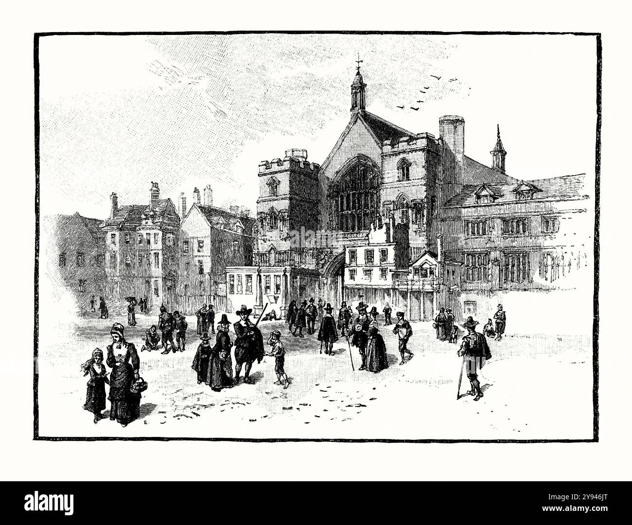 Ein alter Stich des Old Palace Yard, Westminster, London, England, Großbritannien Anfang der 1600er Jahre Es stammt aus einem viktorianischen Geschichtsbuch aus dem jahr 1900. Old Palace Yard ist ein gepflasterter offener Raum in der City of Westminster in Central London, England. Das Gebiet liegt zwischen dem Palace of Westminster (hier hinten) im Norden und Osten und der Westminster Abbey im Westen. Es ist bekannt als Ort der Hinrichtungen, einschließlich der von Sir Walter Raleigh, Guy Fawkes und anderen Verschwörern des Gunpowder Plot. Westminster Hall ist ein großer mittelalterlicher großer Saal, der Teil des Palastes ist. Stockfoto