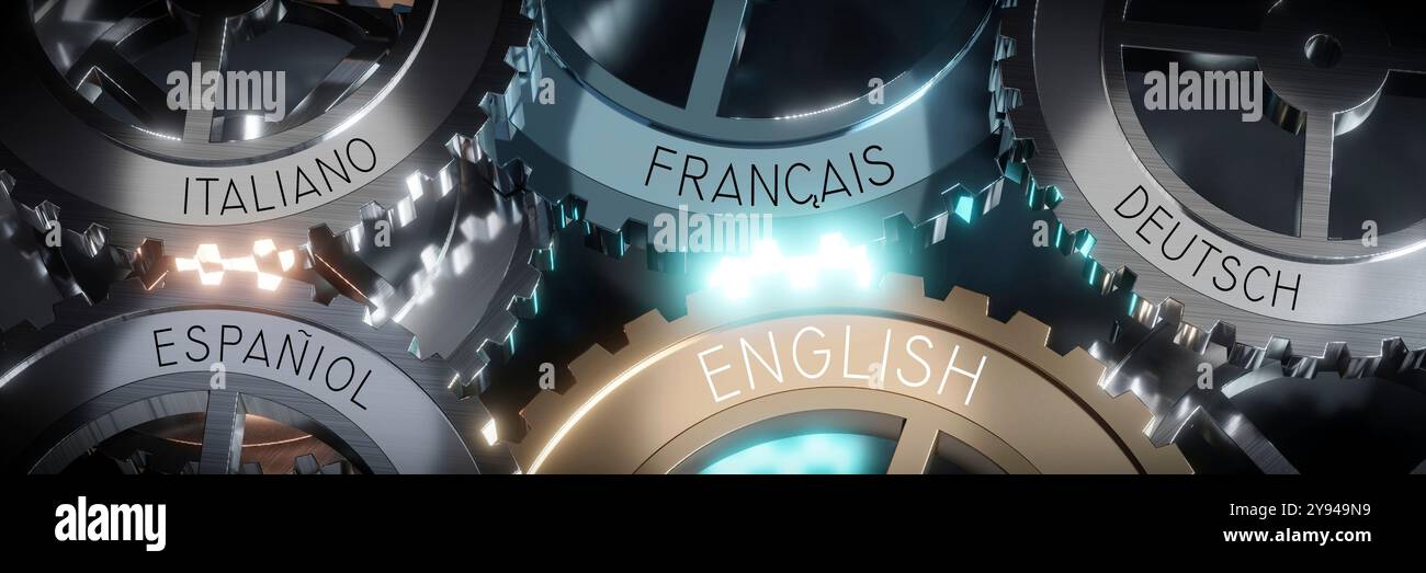 Sprachen - Zahnräder Konzept - 3D Abbildung Stockfoto