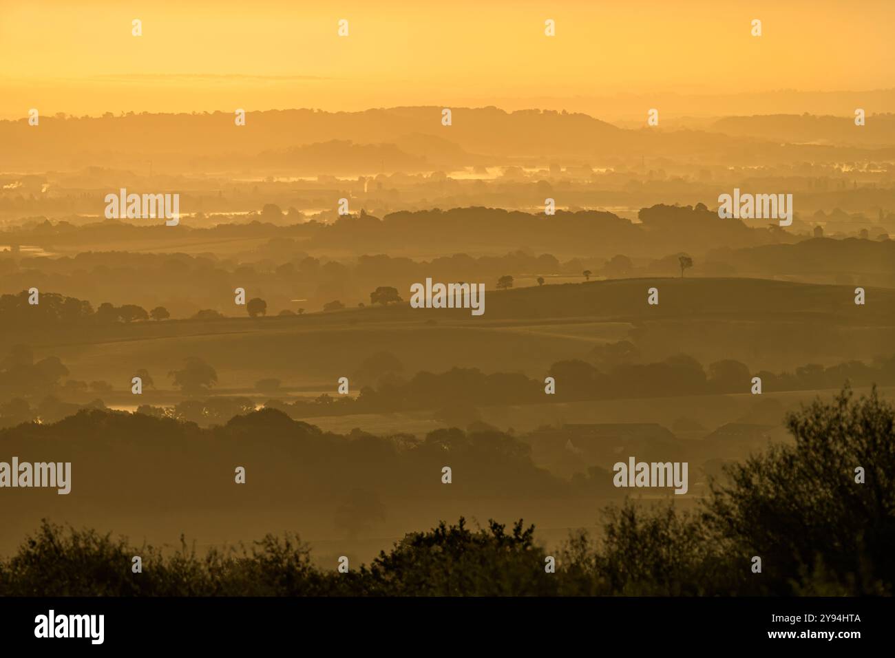 Atemberaubende Aussicht von den Quantock Hügeln kurz vor Sonnenaufgang mit Blick ins Landesinnere in Richtung Südosten mit Schichten von sanften Hügeln, Bäumen und niedrig liegenden Nebel Stockfoto