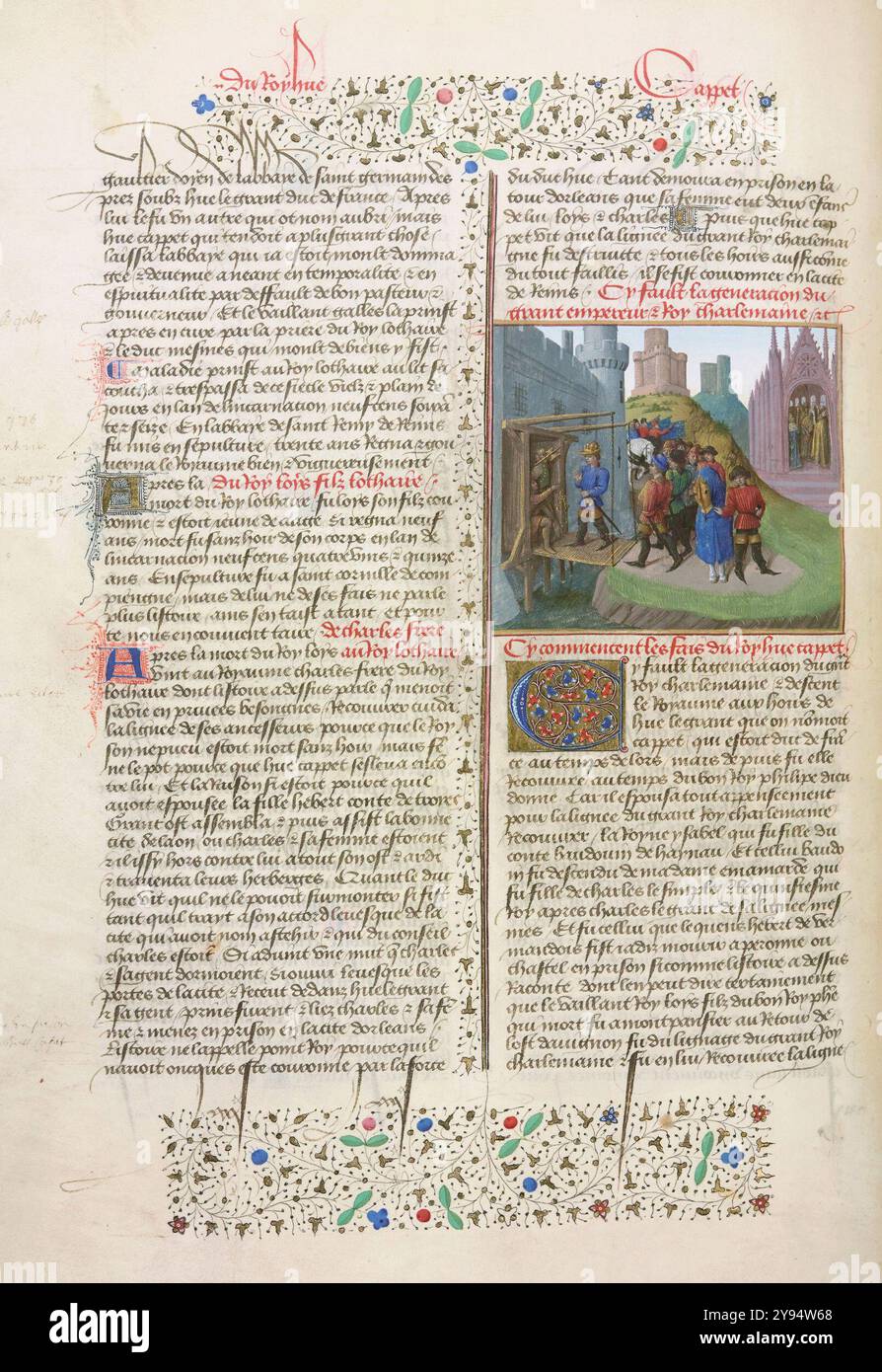 Grandes Chroniques de France. Seite mit dem Titel "Une multitude de châteaux" aus der mittelalterlichen Handschrift "Les Grandes Chroniques de France", illustriert von Jean Fouquet, um 1455 Stockfoto