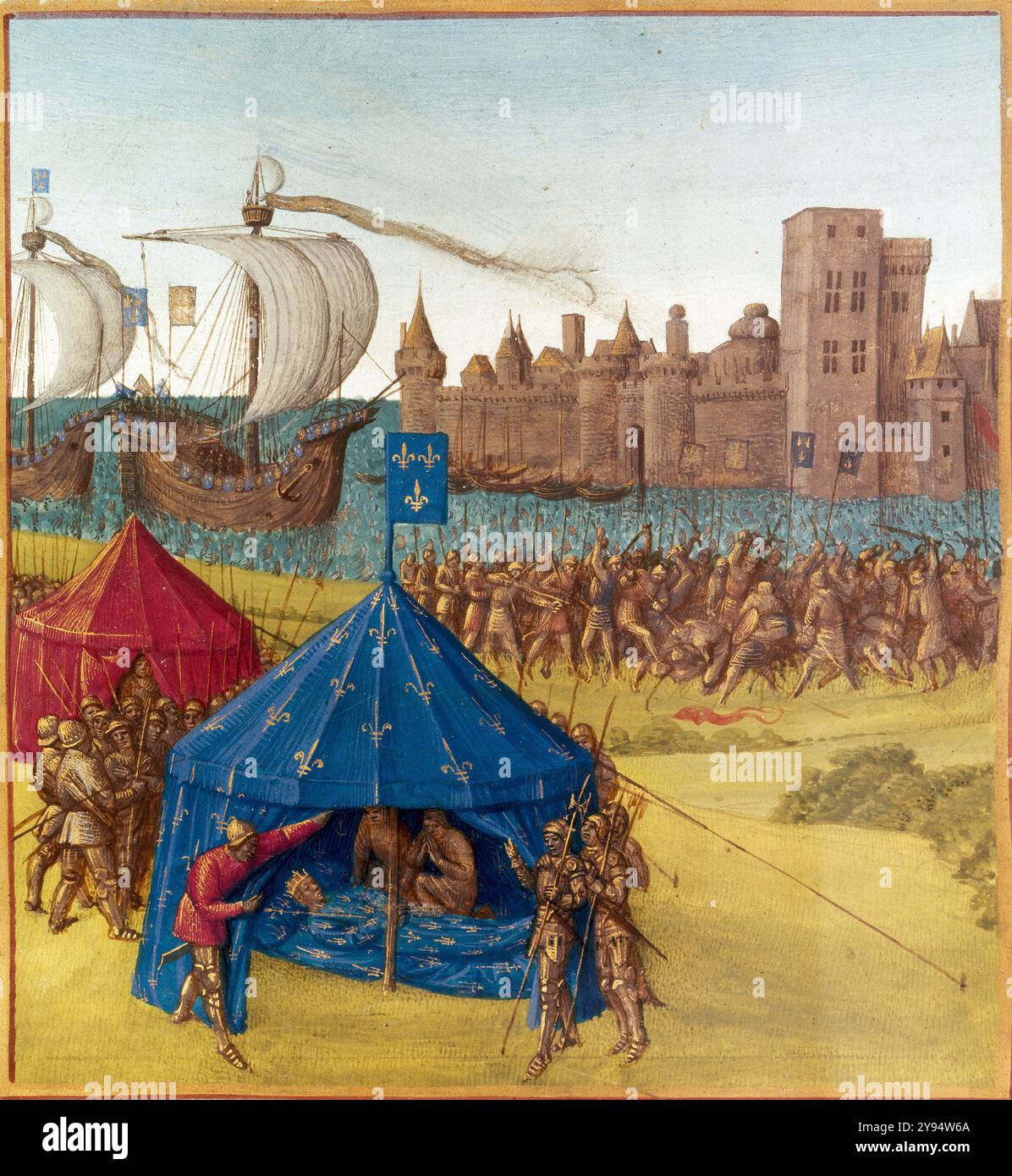 Grandes Chroniques de France. Seite "Huitième croisade : mort de Saint-Louis" aus der mittelalterlichen Handschrift "Les Grandes Chroniques de France", illustriert von Jean Fouquet, um 1460 Stockfoto