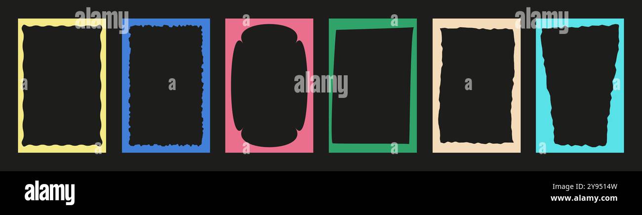 Set aus farbenfrohen, geschwungenen Bilderrahmen mit Zickzack-Kanten, Retro-Jakobsmuscheln und psychedelischen Rechtecken. Stock Vektor