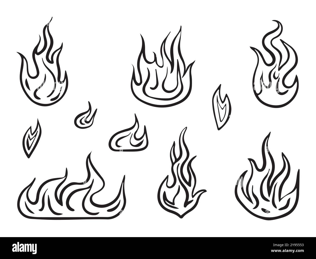 Flammen-Silhouette. Detaillierter Flammendruck für T-Shirt, Banner und Logo. Flammenbild isoliert auf weißem Hintergrund. Vektorabbildung. Stock Vektor