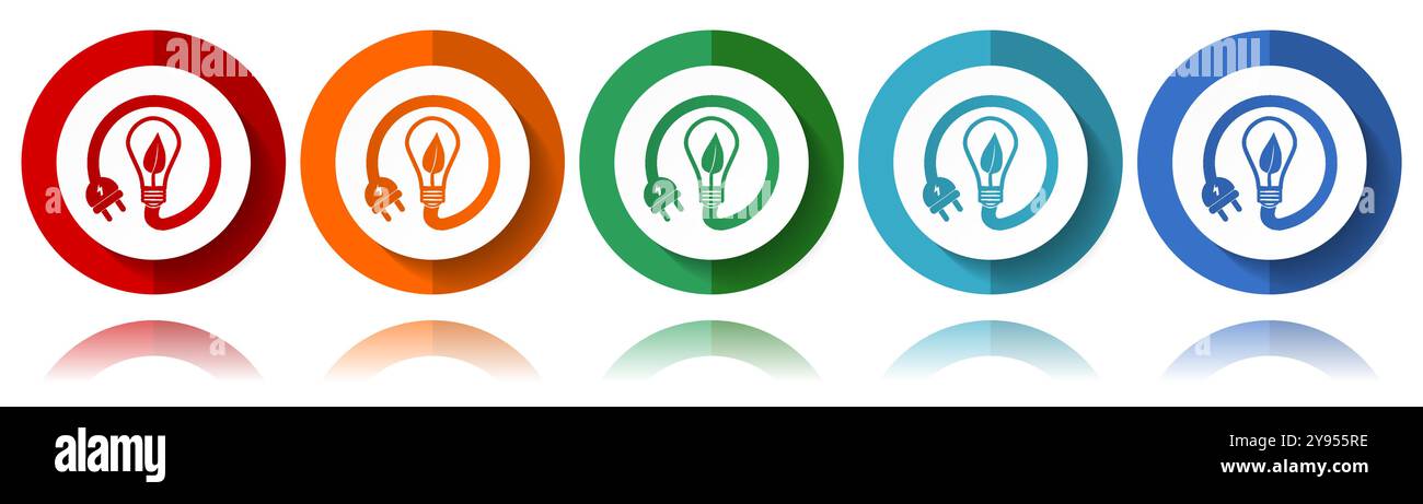 Ökologie, Öko-Glühlampe, Vektorsymbole für erneuerbare Energien, flacher Symbolsatz für Logo-Design, Webdesign und mobile Anwendungen, farbenfrohe Web-Buttons in Stock Vektor