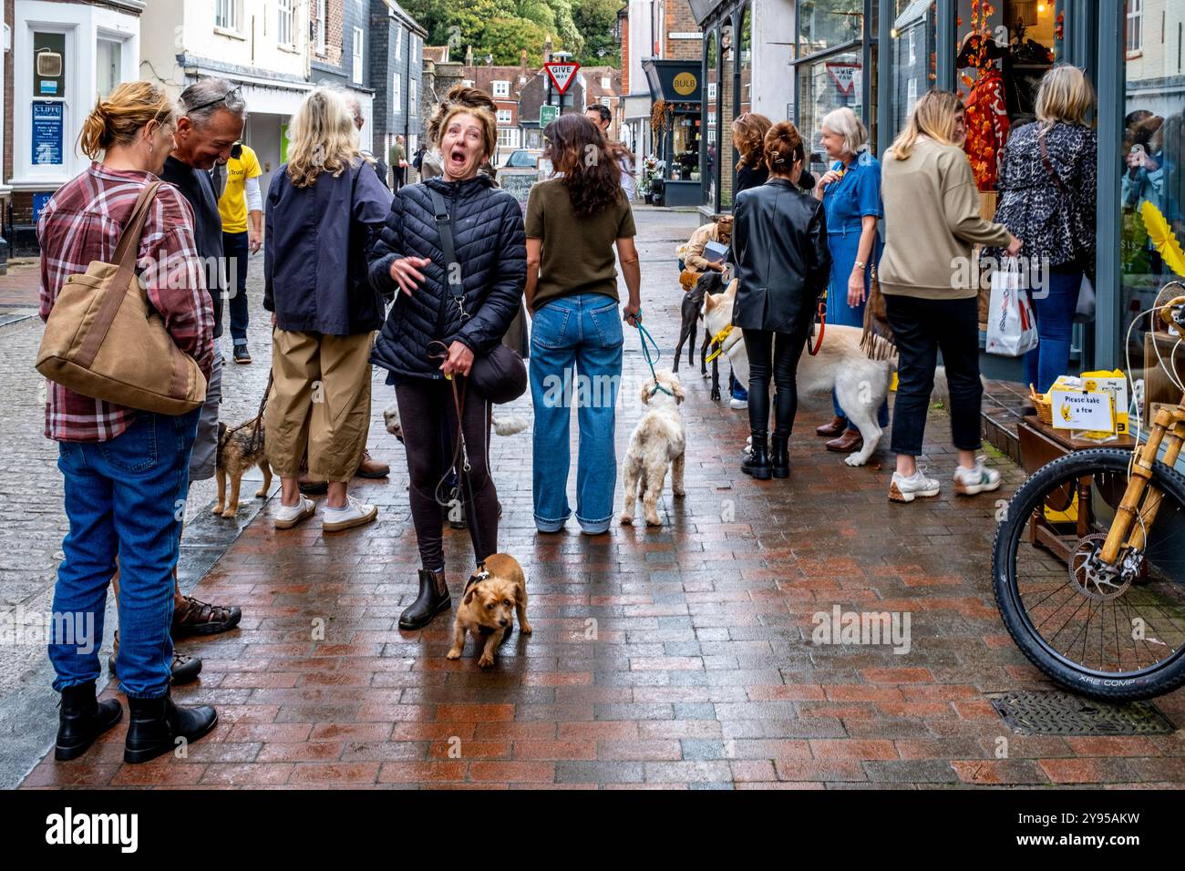 Lokale Leute warten auf die Eröffnung des New Dogs Trust Charity Shop in der High Street, Lewes, Sussex, Großbritannien. Stockfoto