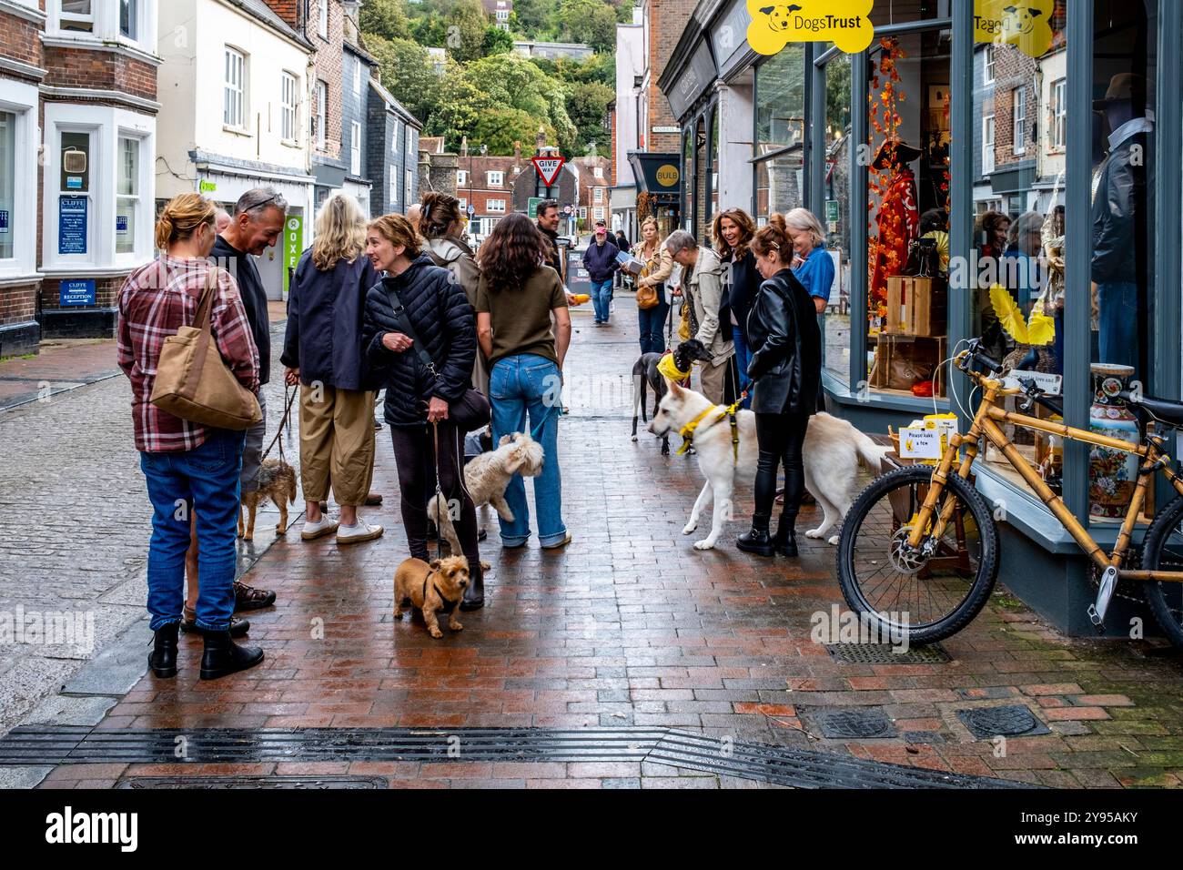 Lokale Leute warten auf die Eröffnung des New Dogs Trust Charity Shop in der High Street, Lewes, Sussex, Großbritannien. Stockfoto