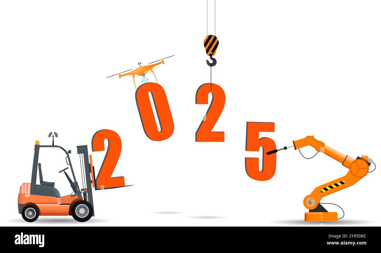 Neujahrskonzept. Zahlen für das neue Jahr 2025 mit der Verwendung von Lagereinrichtungen. Stockfoto