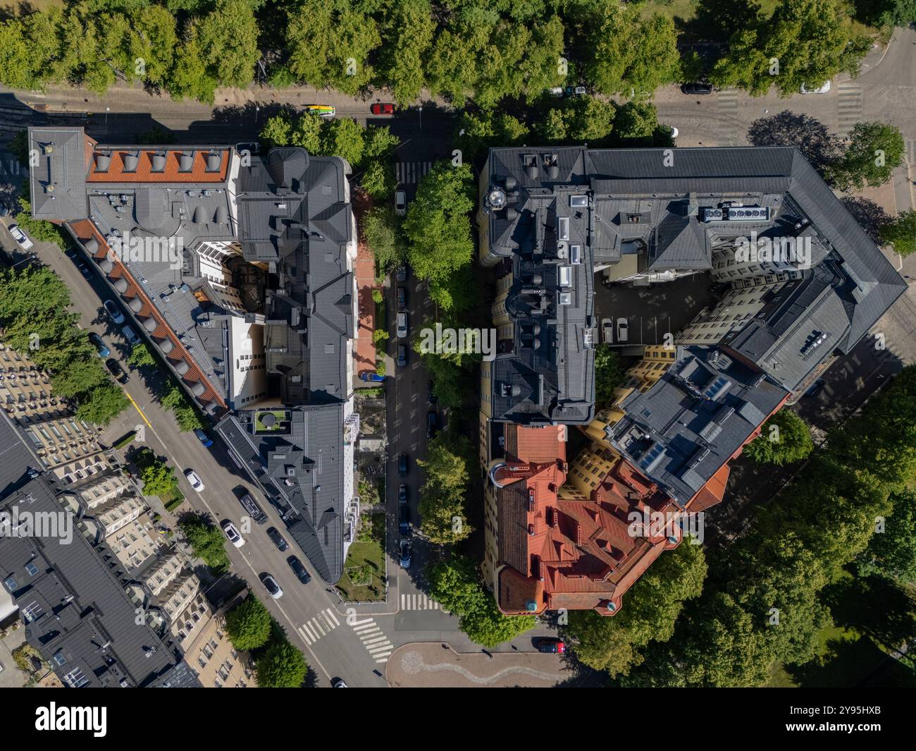 Der Stadtblock von Helsinki mit der lokalen Version des Flatiron-Gebäudes aus der Luft Stockfoto
