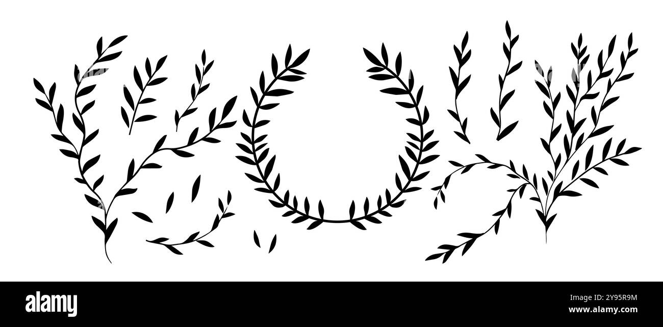 Lorbeerkranz des Siegers. Mit Verzweigungen festgelegt. Handgezeichnet. Nicht AI, Vektorillustration Stock Vektor