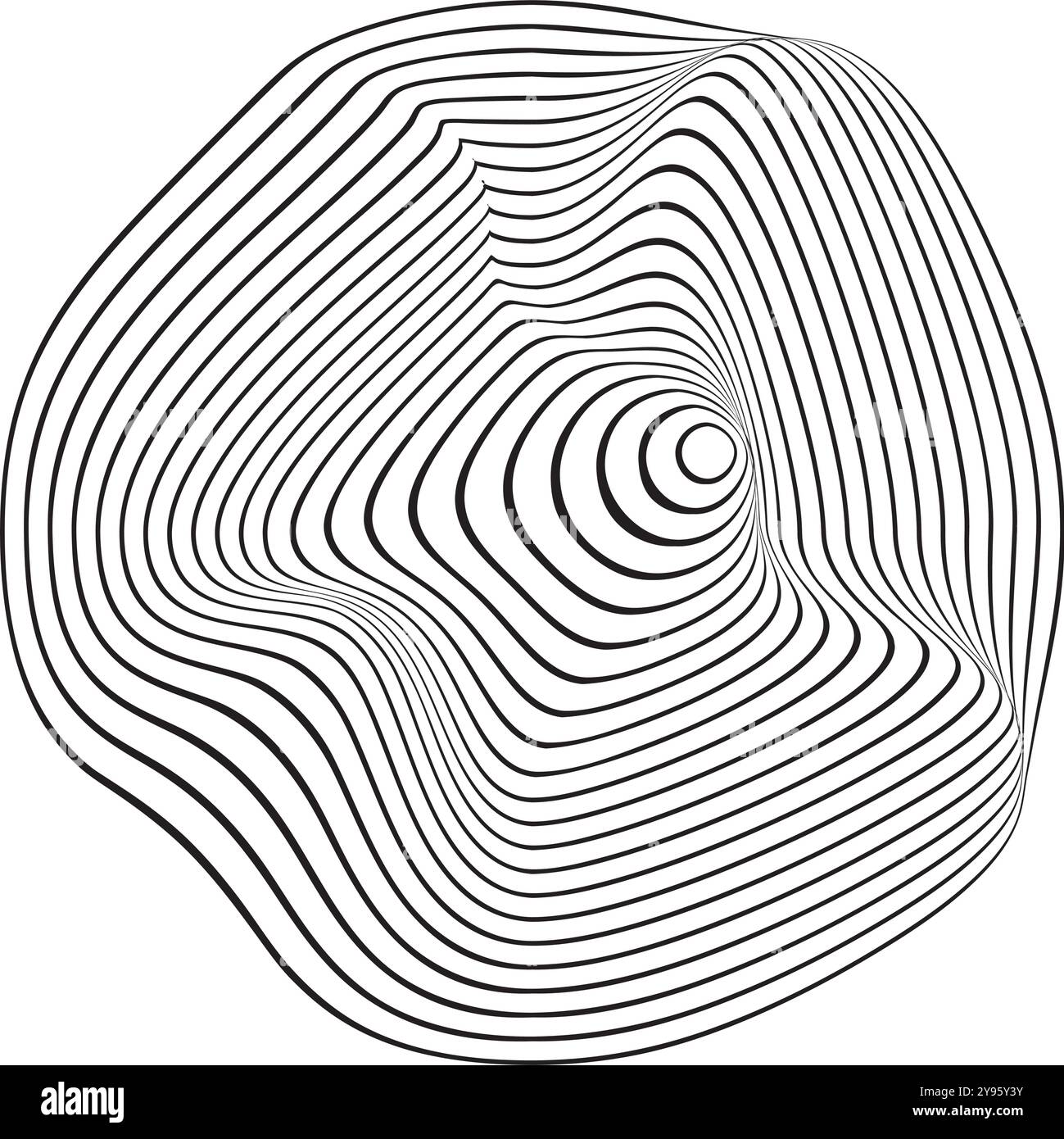 Kurvige konzentrische Kreise. Topo-Karte oder Holzstruktur. Symbol für Puls, Rauschen oder Welligkeit isoliert auf weißem Hintergrund. Synthwave-Zeichen. Dynamisch, Bewegung oder Stock Vektor
