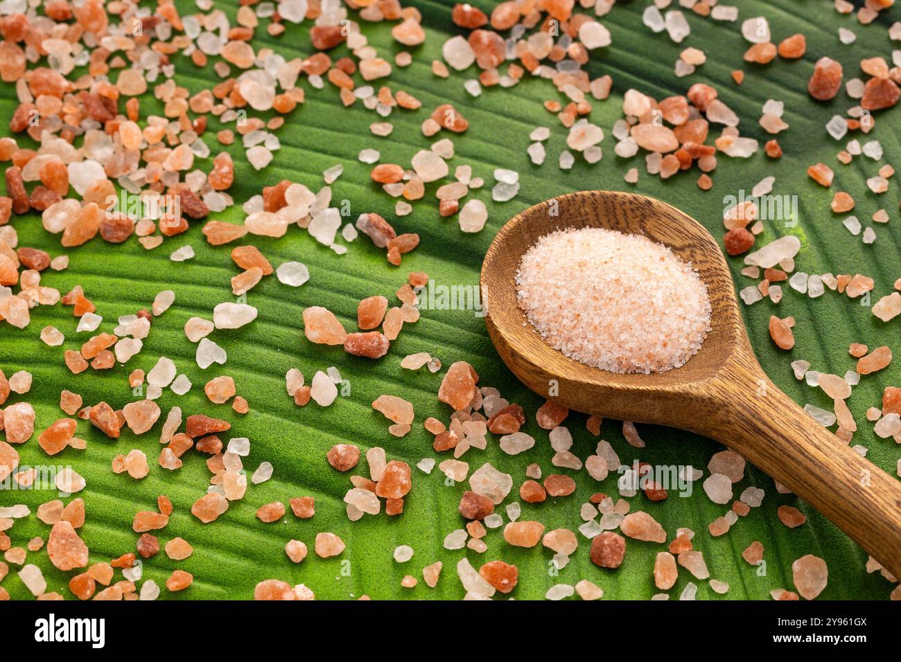 Feines Salz und rosafarbene Himalaya-Kristalle auf dem Löffel. Stockfoto