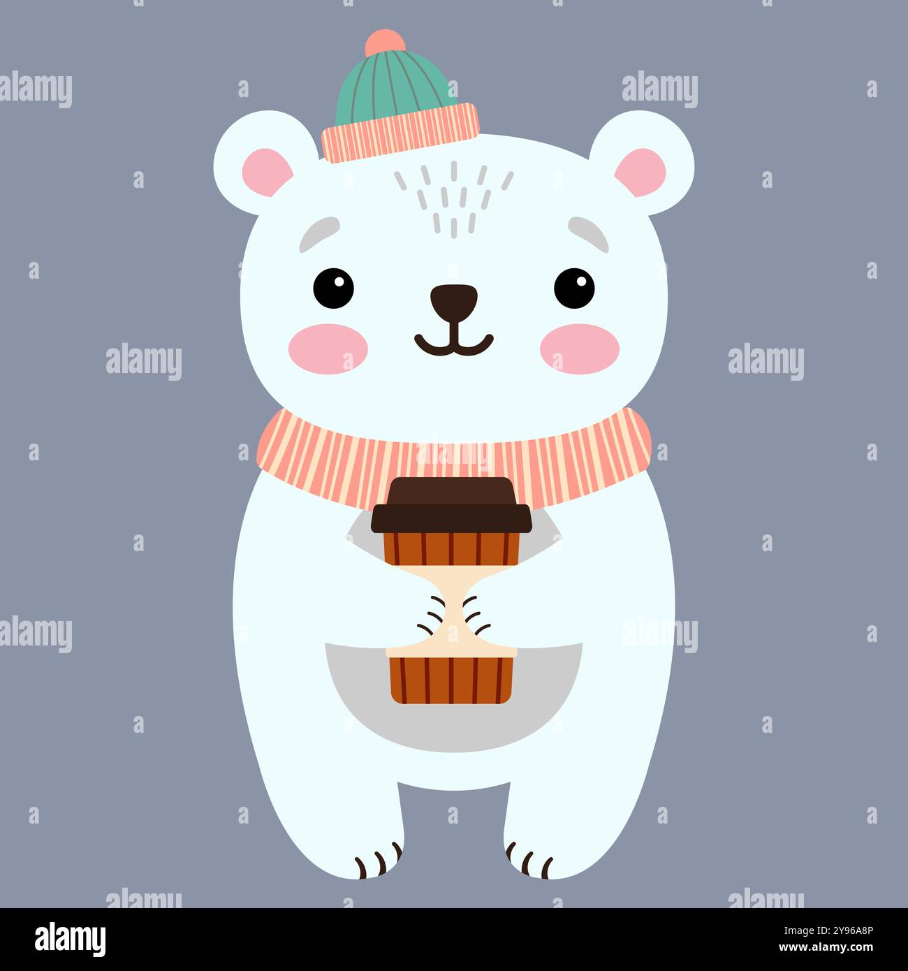 Süßer Eisbär, der ein Glas Kaffee hält, flache Illustration. Stock Vektor