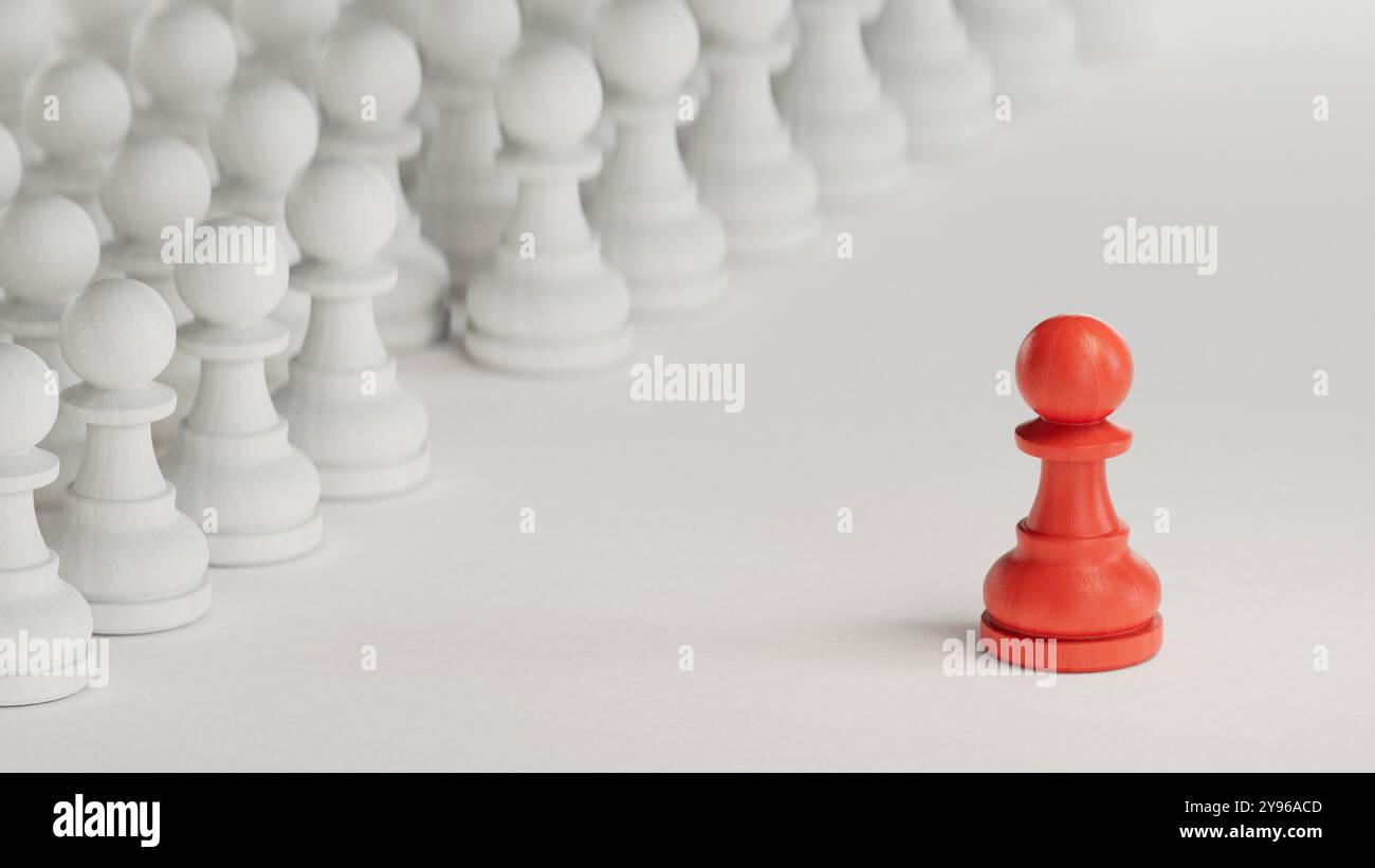 3D-Illustration eines Konzeptteams in einem RAW mit einer Position, die von einem Talent besetzt werden muss. Viele Spielfiguren auf weißem Hintergrund und ein Pfeil, der auf ein ROT zeigt Stockfoto
