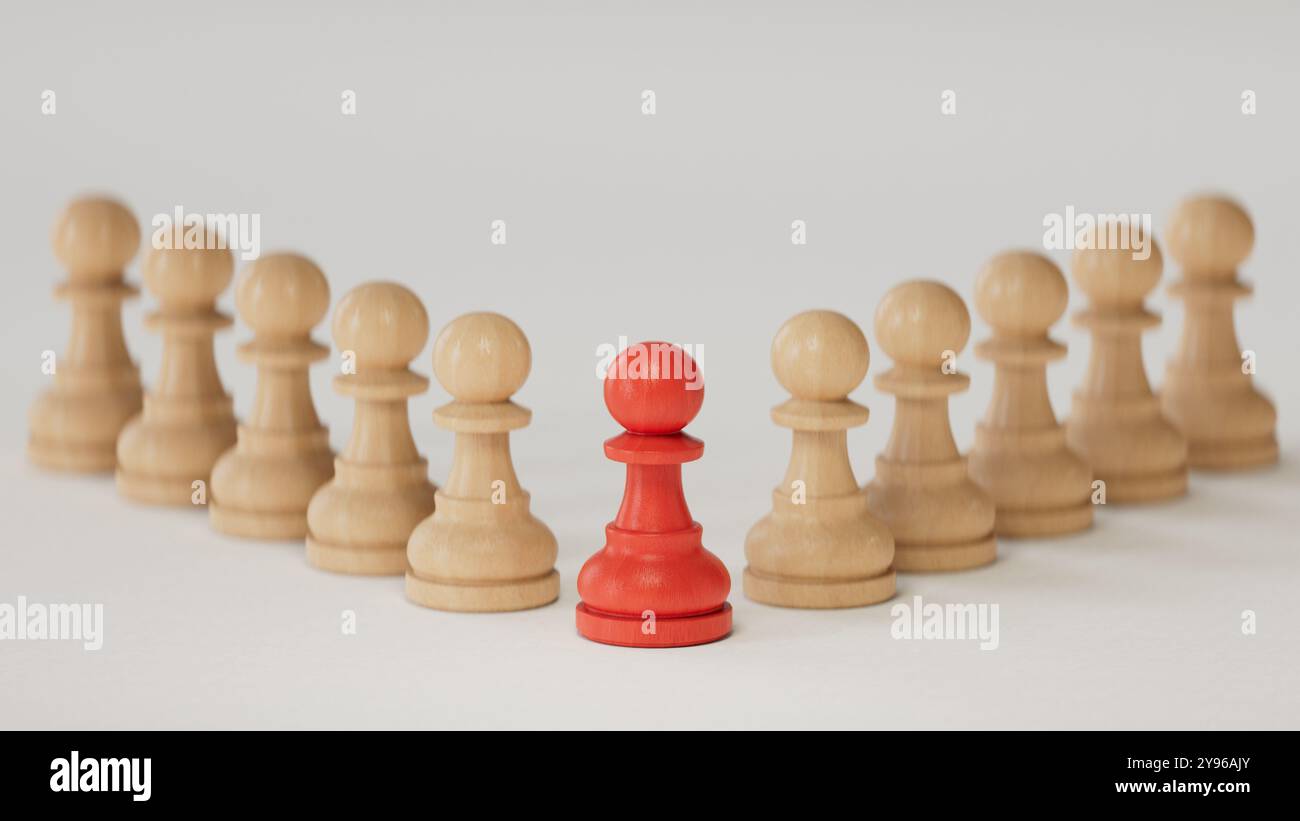 RED Chess Business Concept, Leader AND Success, Leader Out Standing.3D-Rendering auf weißem Hintergrund. Stockfoto