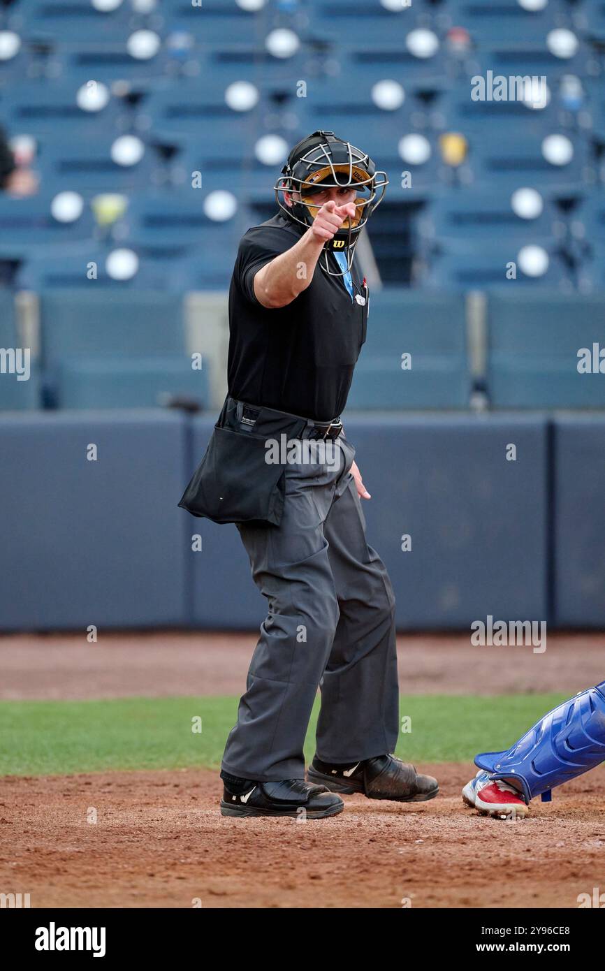 Umpire Kelvis Velez calls a strike during an inaugural MLB Spring Breakout game between the Toronto Blue Jays and New York Yankees on March 16, 2024 at George M. Steinbrenner Field in Tampa, Florida. (Mike Janes/Four Seam Images via AP) Stockfoto