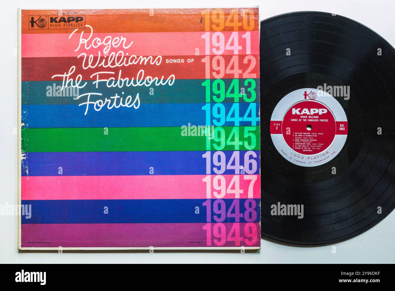 Roger Williams Songs of the Fabulous Forties 33 1/3 RPM Long Play Album Cover und Vinyl Aufnahme. Stockfoto