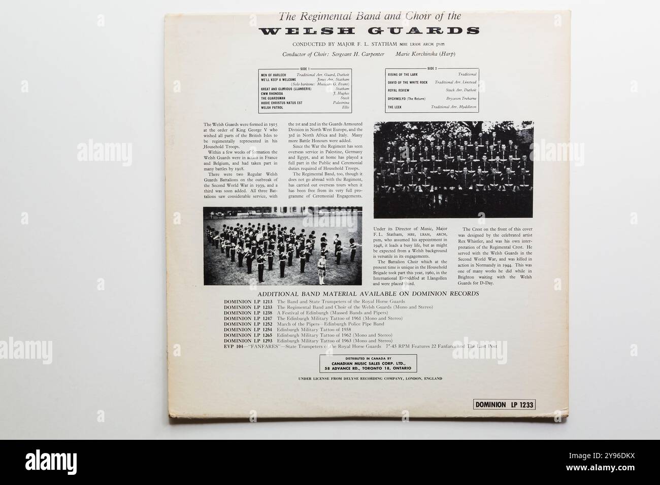The Regimental Band and Choir of the Walisish Guards 33 1/3 RPM Long Play Album Back Cover. Stockfoto