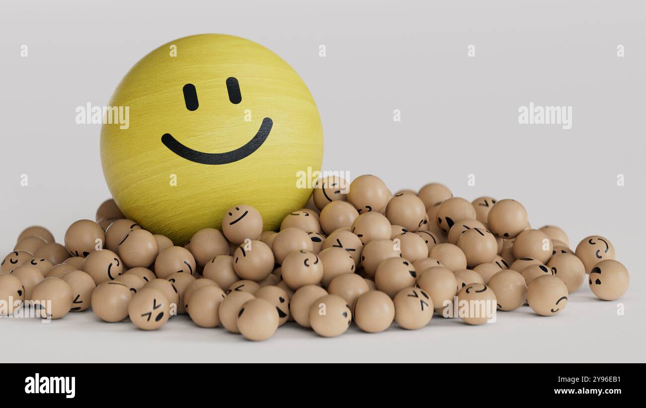 GROSSE GELBE SMILL-Fläche in einer Gruppe von Smileys - 3D-Illustration..3D-Rendering auf weißem Hintergrund. Stockfoto