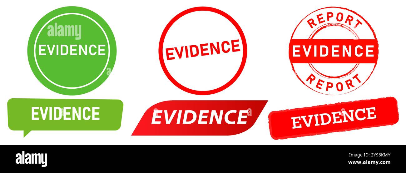 Beweis Kriminalität Beweis Quellenstempel rot grün Abzeichen Aufkleber vertrauenswürdiges Element Gesetz Gerechtigkeit wahrheitsgetreue Validierung Emblem Siegel Design Icon Set Kollektion Stock Vektor