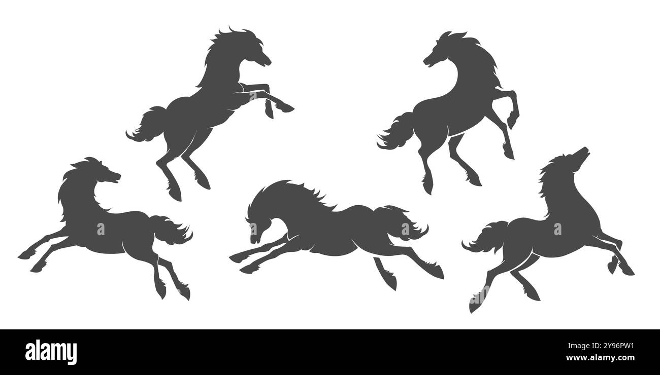 Wilde Pferde Schwarze und weiße Silhouette Set isoliert auf weißem Hintergrund Vektor illlustration. Stock Vektor