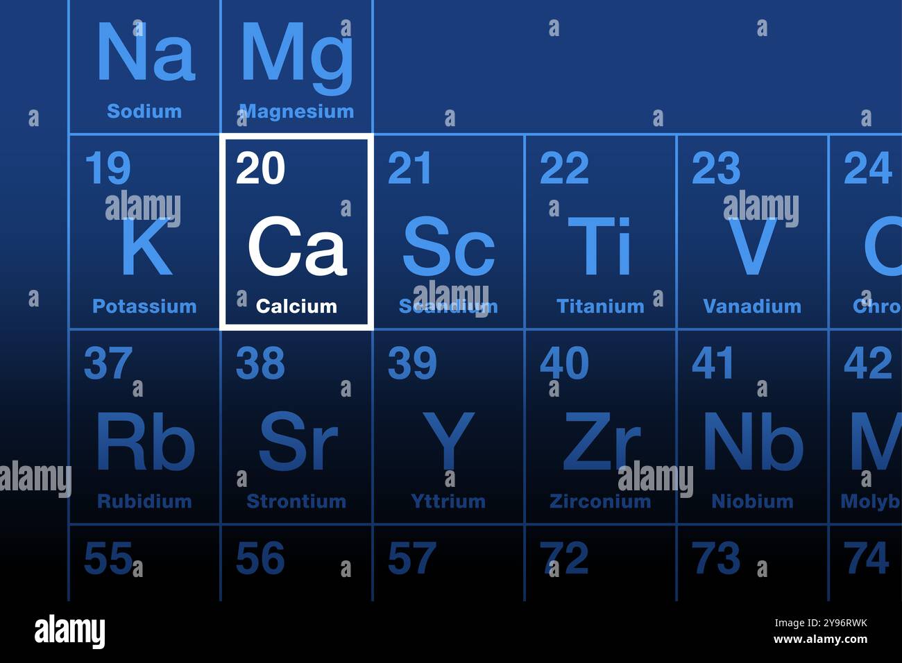 Kalziumelement im Periodensystem. Erdalkalimetall mit der Atomzahl 20 und dem Symbol Ca aus dem lateinischen Calx, was Kalk bedeutet. Stockfoto