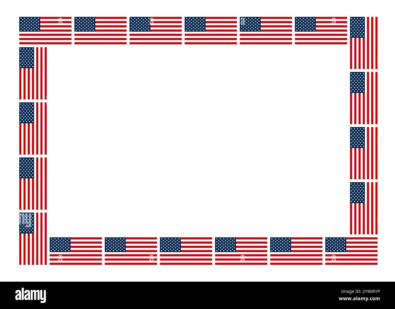 Amerikanisches Flaggenmuster, horizontaler rechteckiger Rahmen. Dekorative rechteckige Umrandung aus wiederholten, vertikal und horizontal angeordneten Nationalflaggen. Stockfoto