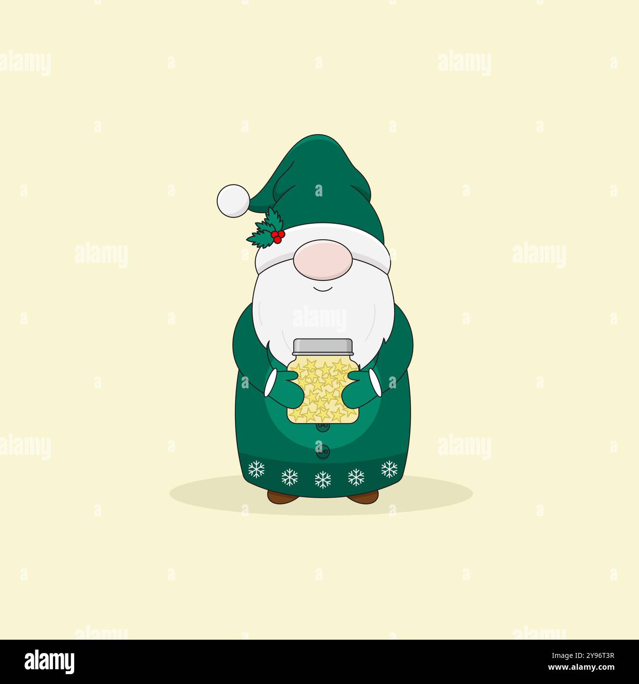 Der süße Weihnachtszwerg in grünem Mantel, Hut und Fäustlingen hält ein Glas mit leuchtenden Sternen. Vektor-Illustration im Cartoon-Stil. Stock Vektor