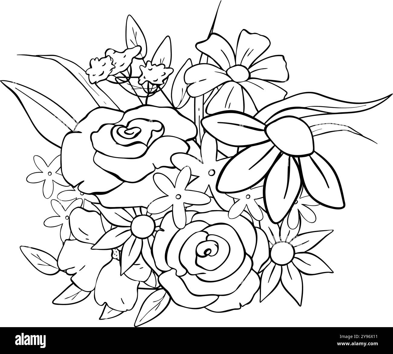 Genießen Sie diese wunderschöne Malseite mit Blumenstrauß, die für Entspannung und Kreativität für Erwachsene entwickelt wurde Stock Vektor