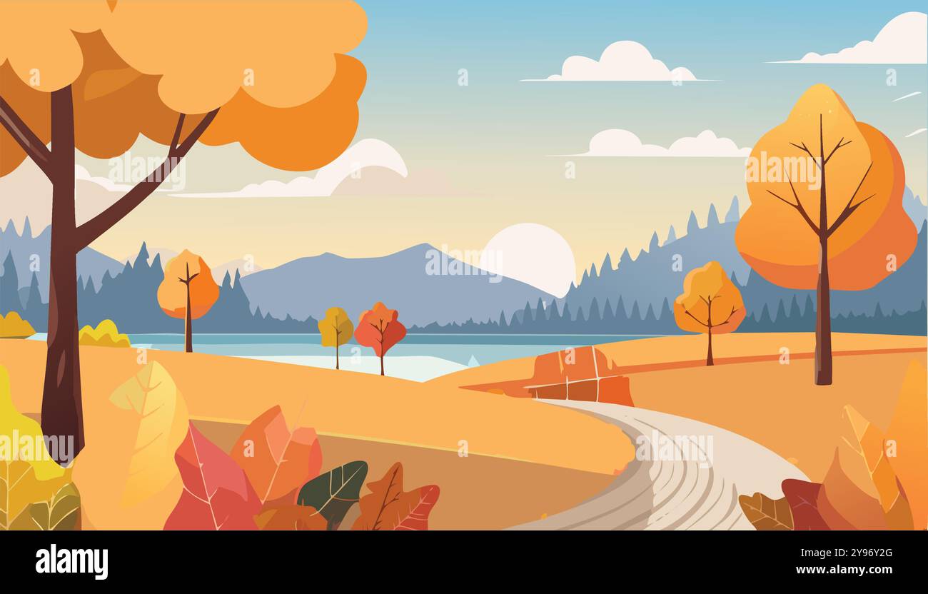 Herbstliche Landschaft mit Bäumen, See und Hügeln bei Sonnenuntergang, umgeben von einer malerischen Landschaft. Lebhafte Farben, friedliche Atmosphäre und saisonale Schönheit Stock Vektor