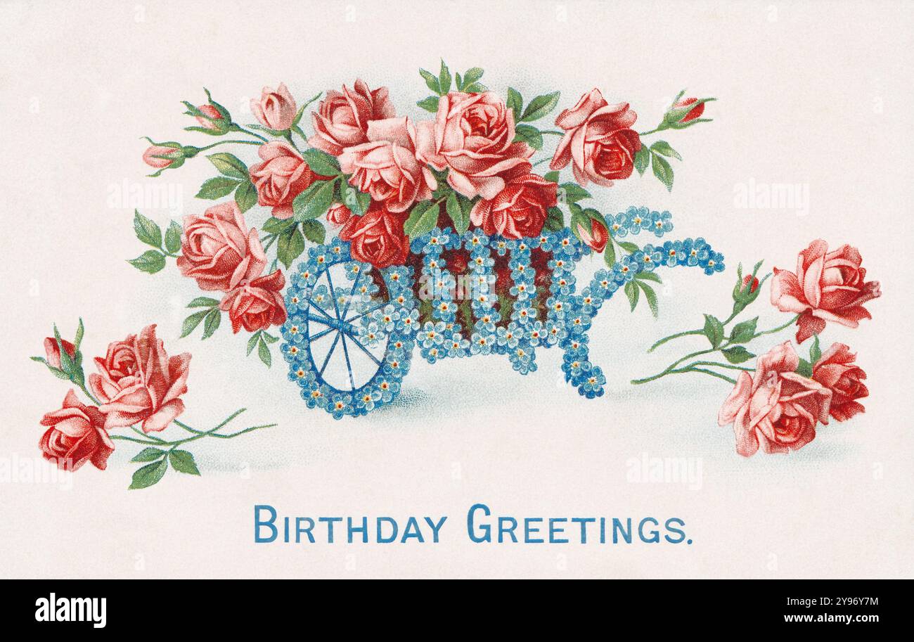 Eine Vintage-Postkarte aus der Edwardian Ära Birthday Greetings, die 1907 veröffentlicht wurde und eine Schubkarre zeigt, die mit Vergissmeinnots und rosa Rosen bestückt ist. Stockfoto