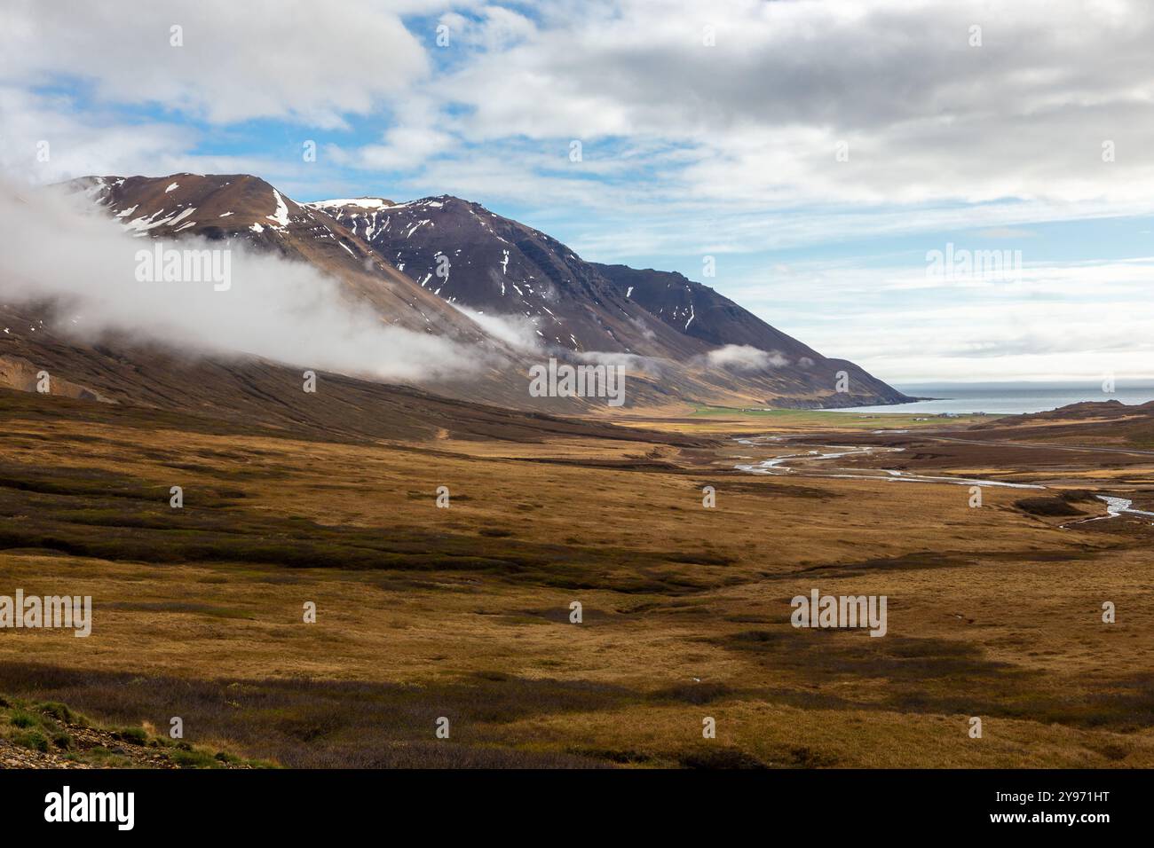 Isländische Eastfjorde mit kargen grasbewachsenen Bergen, Meerblick und gewundenen wilden Fluss. Stockfoto