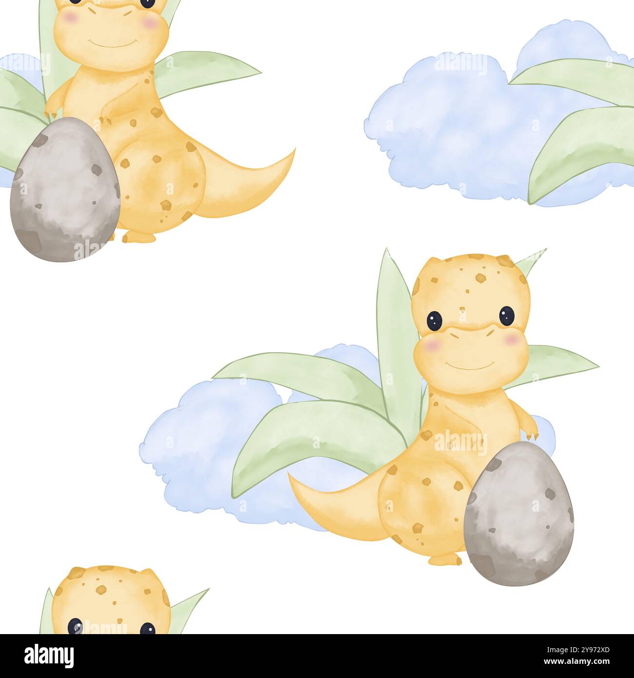 Nahtloses Muster mit gelben Dinosauriern, Wolken und Eiern, farbige Aquarellillustration für Kinder zum Drucken und Web Stockfoto