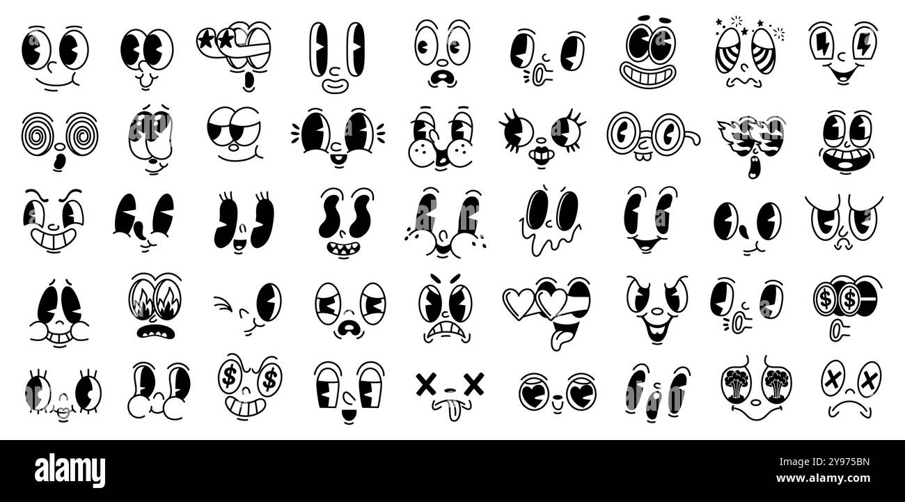 Retro-Gesichtsausdrücke, die verschiedene Emotionen und Reaktionen veranschaulichen. Die verspielten Designs beinhalten Charaktere, die Freude, Traurigkeit, Überraschung und ausdrücken Stock Vektor