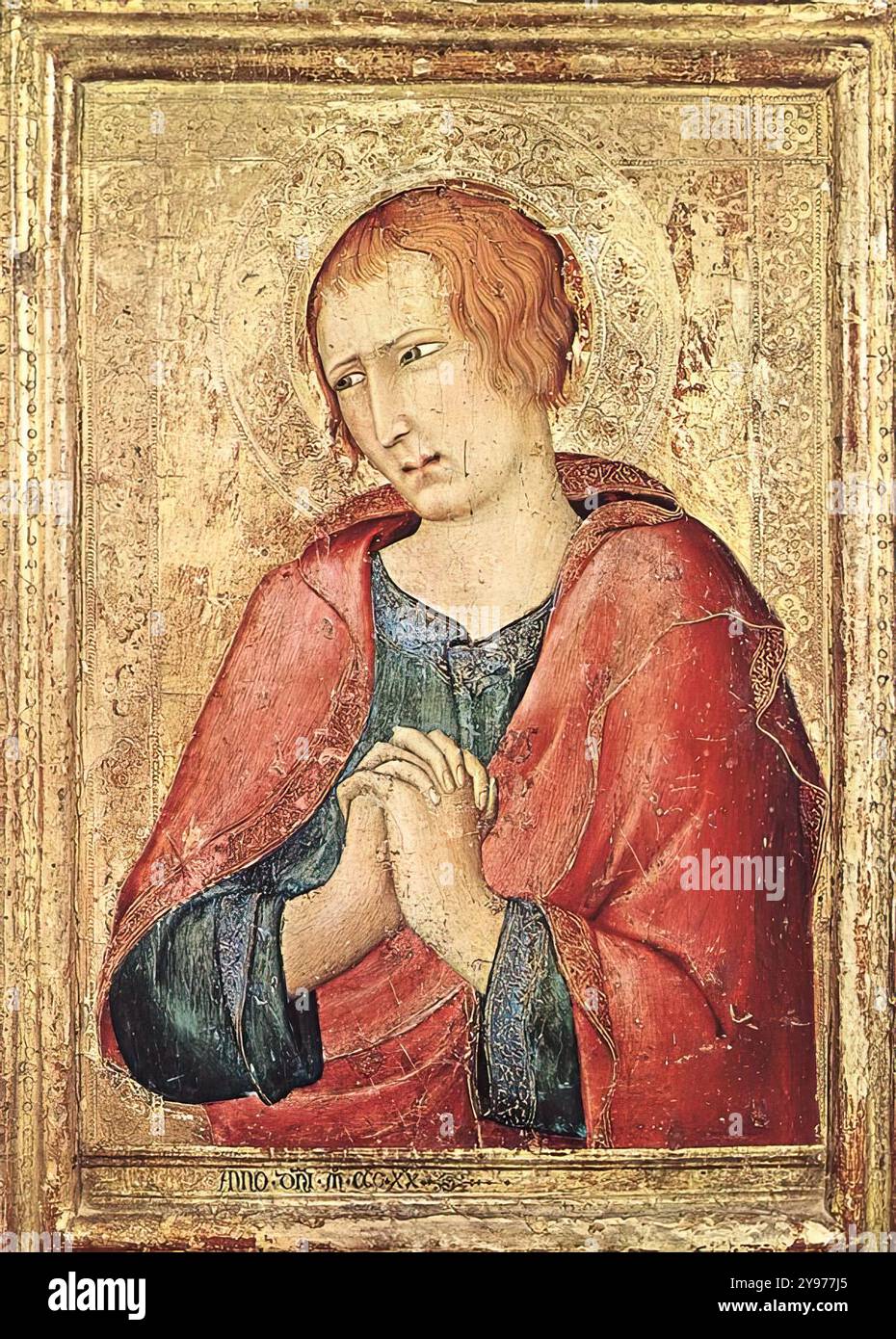 SIMONE MARTINI (* 1280/85, Siena, d. 1344, Avignon) St John the Evangelist 1330-39 Tempera auf Holz, 34,5 x 24 cm Barber Institute of Fine Arts, Birmingham das Gemälde war wahrscheinlich die rechte Tafel eines Diptychons oder Polyptychons. --- Schlüsselwörter: ----------------- Autor: SIMONE MARTINI Titel: St. Johannes der Evangelist Zeitlinie: 1301-1350 Schule: Italienisch Form: Malerei Art: Religiös Stockfoto